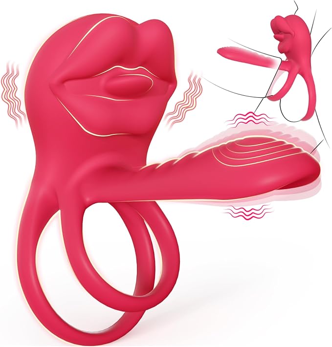 Vibrating Penis Sleeve Cock Ring with Full Lips Tongue Clitoral Stimulator, Penis Ring Vibrator Extender for G Spot Stimulation,Couples Adult Sex Toys for Men Women,HOESDIK Male Couple Sex Toy for Men