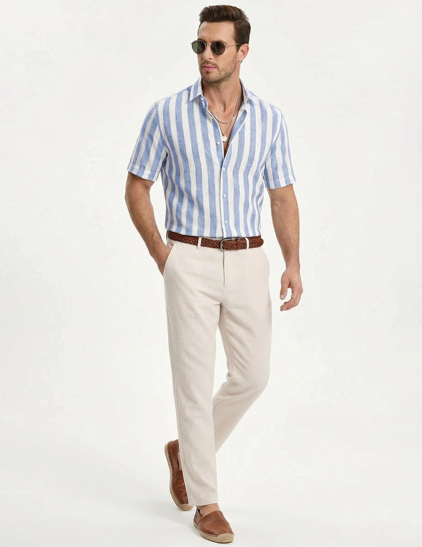 JMIERR Men's Casual Stylish Short Sleeve Button-Up Striped Dress Shirt Cotton Beach Shirts