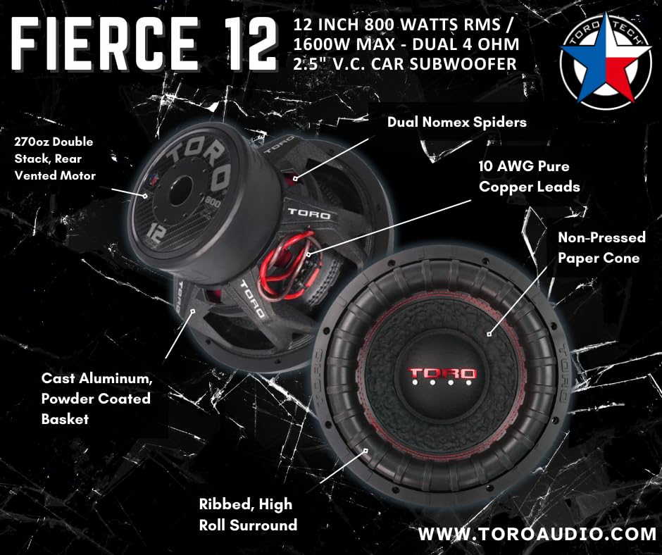 TORO TECH – 12” Car Audio Subwoofer for Cars, Trucks, Jeeps, Boats, Off Road with Hard Hitting Bass (Sold As Each)