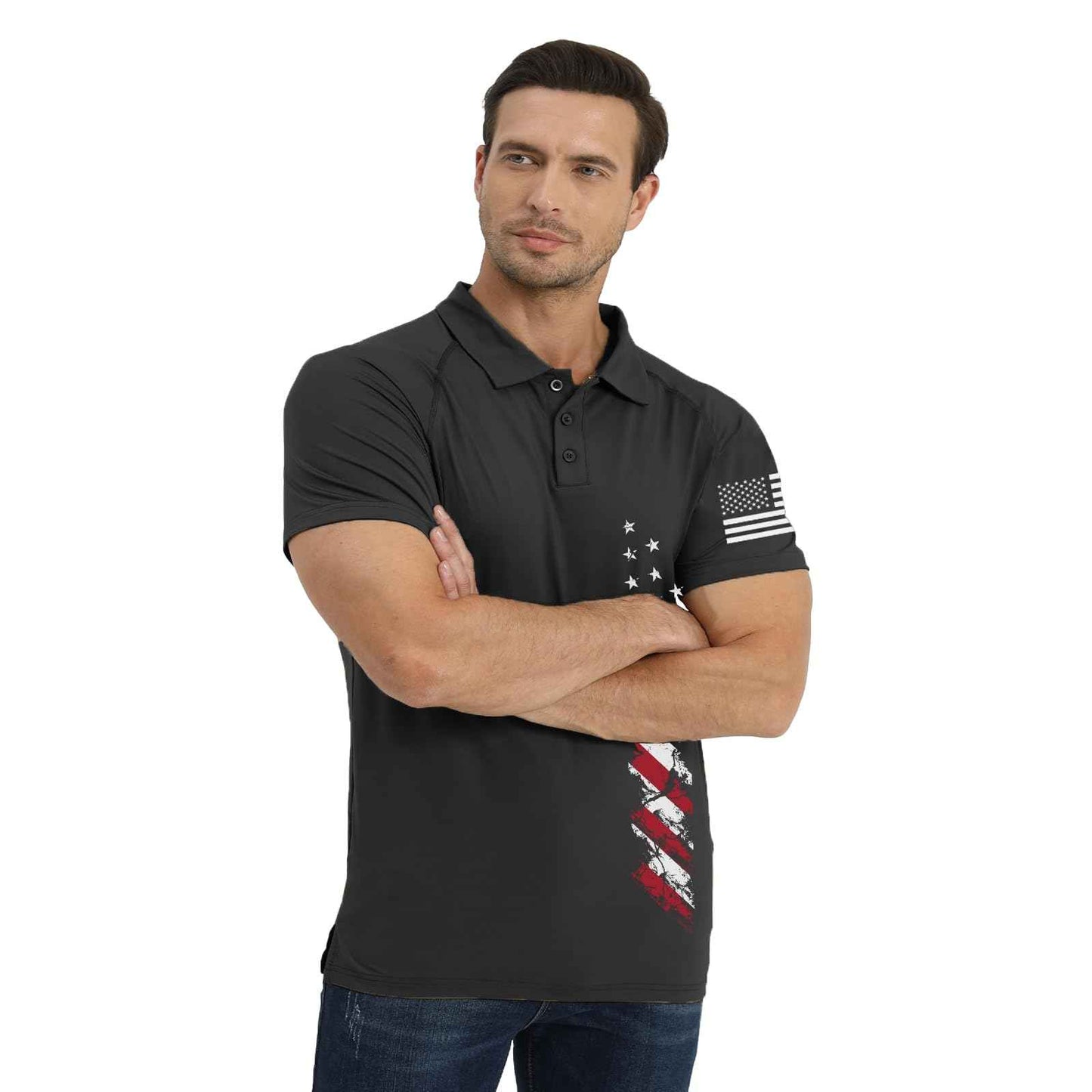 H HYFOL Short Sleeve Polo Shirts for Men Graphic Stretch Casual American Patriotic Raglan Golf Polos for Men