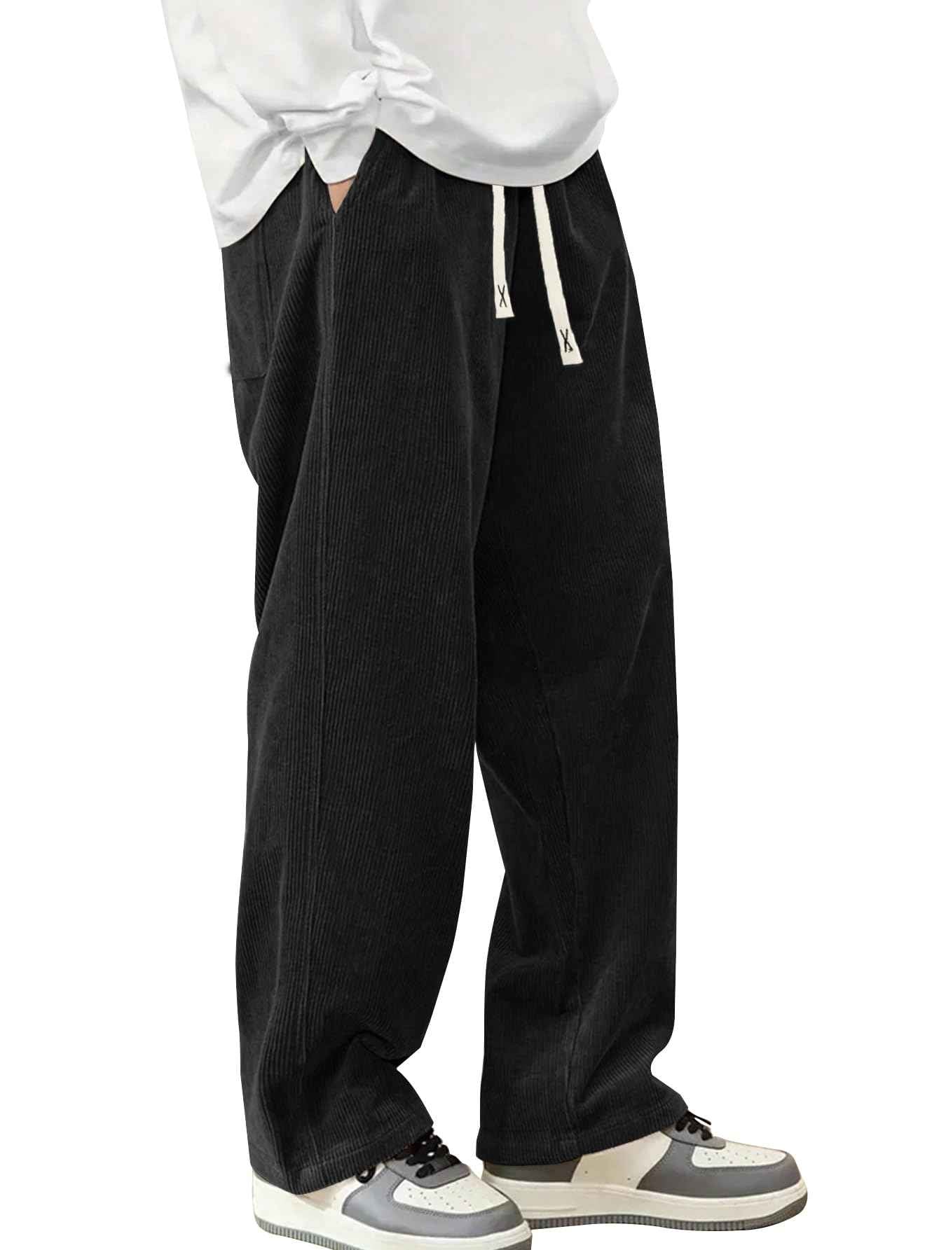 Hidkat Mens Corduroy Casual Pants Fashion Loose Fit Wide Leg Pants Straight Sweatpants Elastic Waist Drawstring