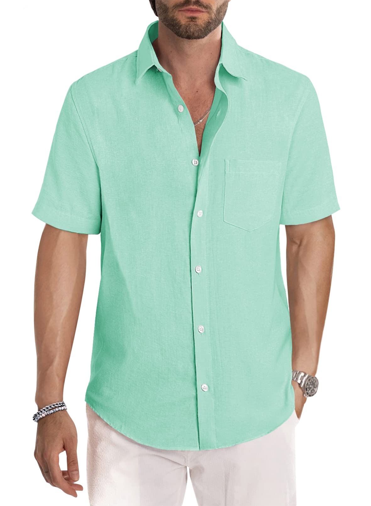 JMIERR Men's Casual Stylish Short Sleeve Button-Up Striped Dress Shirt Cotton Beach Shirts