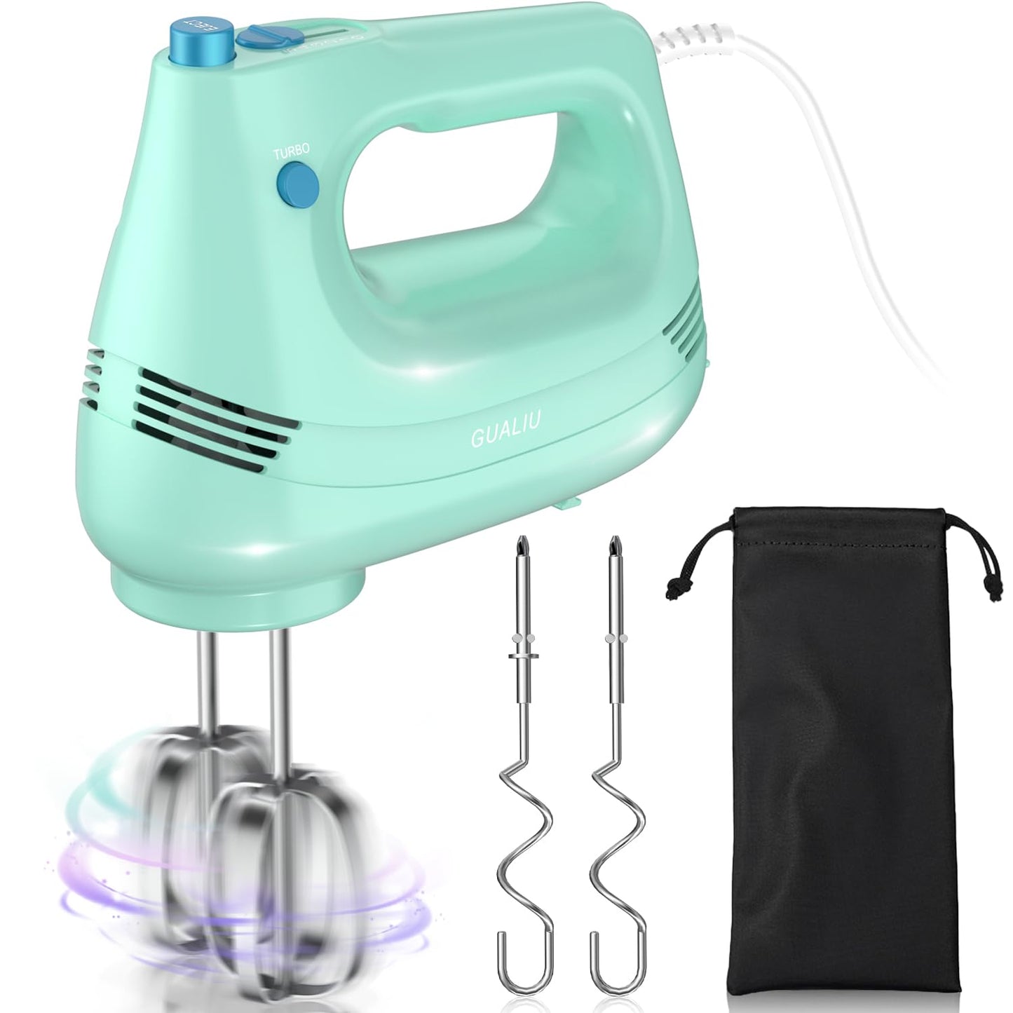 GUALIU Electric Hand Mixer with Stainless Steel Whisk, Dough Hook Attachment and Storage Bag, Handheld Mixer for Baking Cakes, Eggs, Cream Food Mixers. Turbo Boost /5 Speed Kitchen Blender