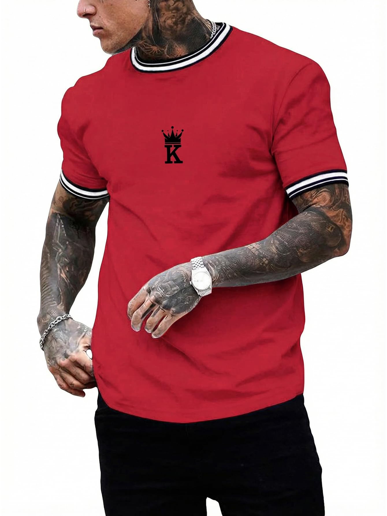 SOLY HUX Men's Crown Letter Print Striped Trim Tee Tops Short Sleeve Crew Neck Summer T Shirt
