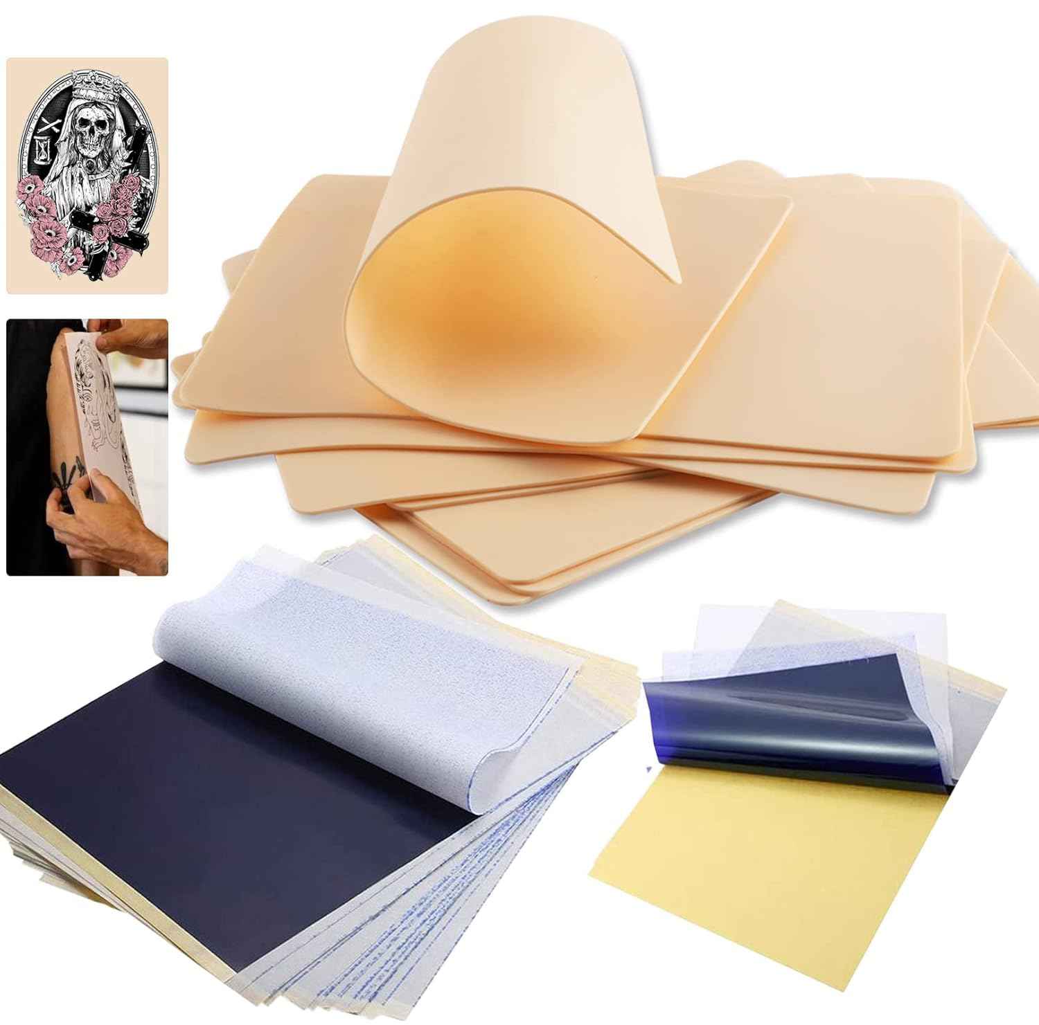 Anghie Professional Tattoo Practice Skin Kit 614Pcs Including 200 Large Pen Machine Covers 10 Fake Skins 50 Transfer Papers 300 Ink Caps 4 Machine Wraps 50 Dental Bibs for Beginners Tattoo Supplies