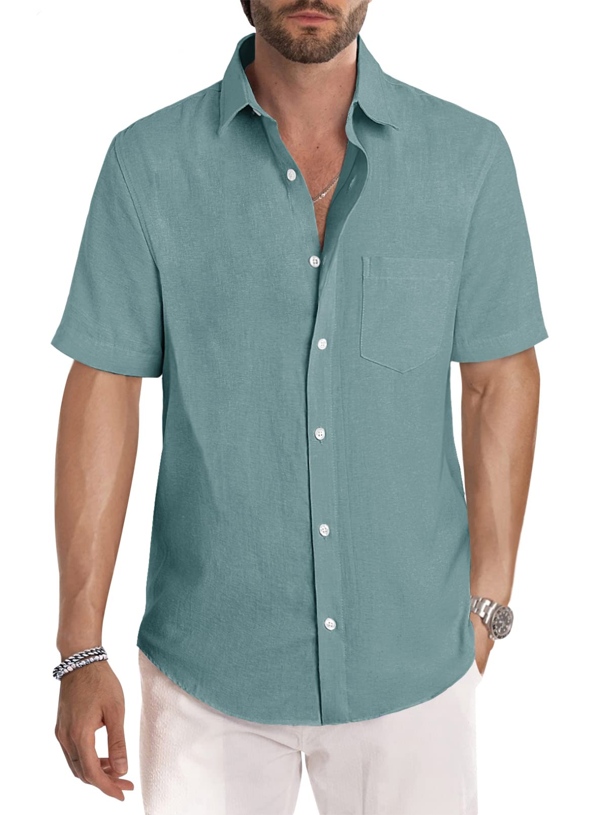 JMIERR Men's Casual Stylish Short Sleeve Button-Up Striped Dress Shirt Cotton Beach Shirts
