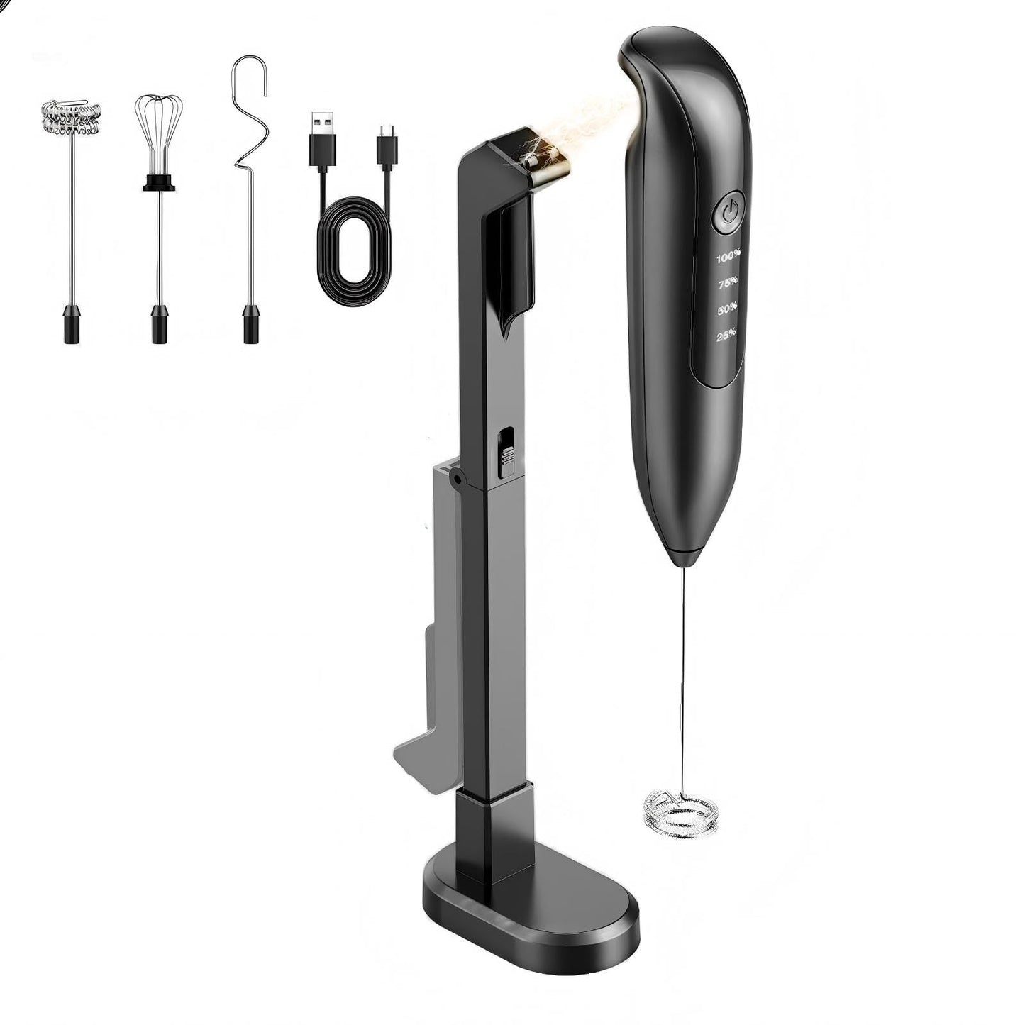 Yidianideals Electric Milk Frother Handheld: coffee frother rechargeable 3 in 1 - LED Display, Wireless Charging - 3 Speeds, Stainless Steel Whisk for Latte, Cappuccino - Onyx Black
