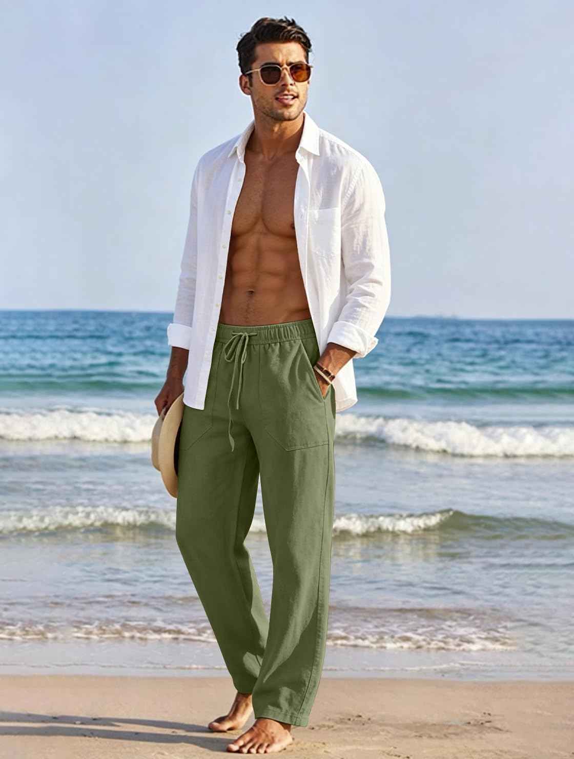 Puimentiua Cotton Linen Pants Men Casual Loose Fit Elastic Drawstring Waist Summer Beach Pants