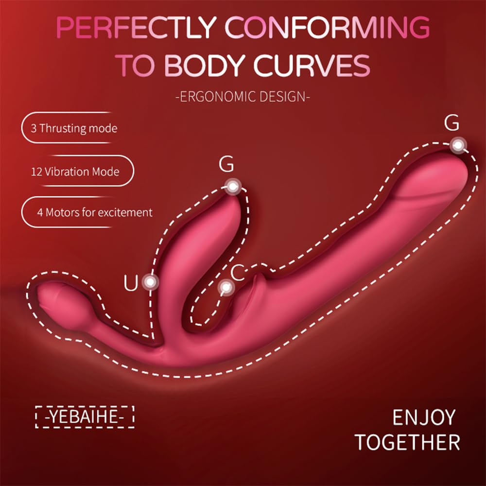 Heuceo Female 4 Points Vibrating Strapless Strap On Inflate Dildo Sex Toys, Triple Headed G-spot Vibrator with 12 Vibration & 3 Frequency Thrust for Lesbians Women, Anal Plug Pleasure Adult Toy & Game