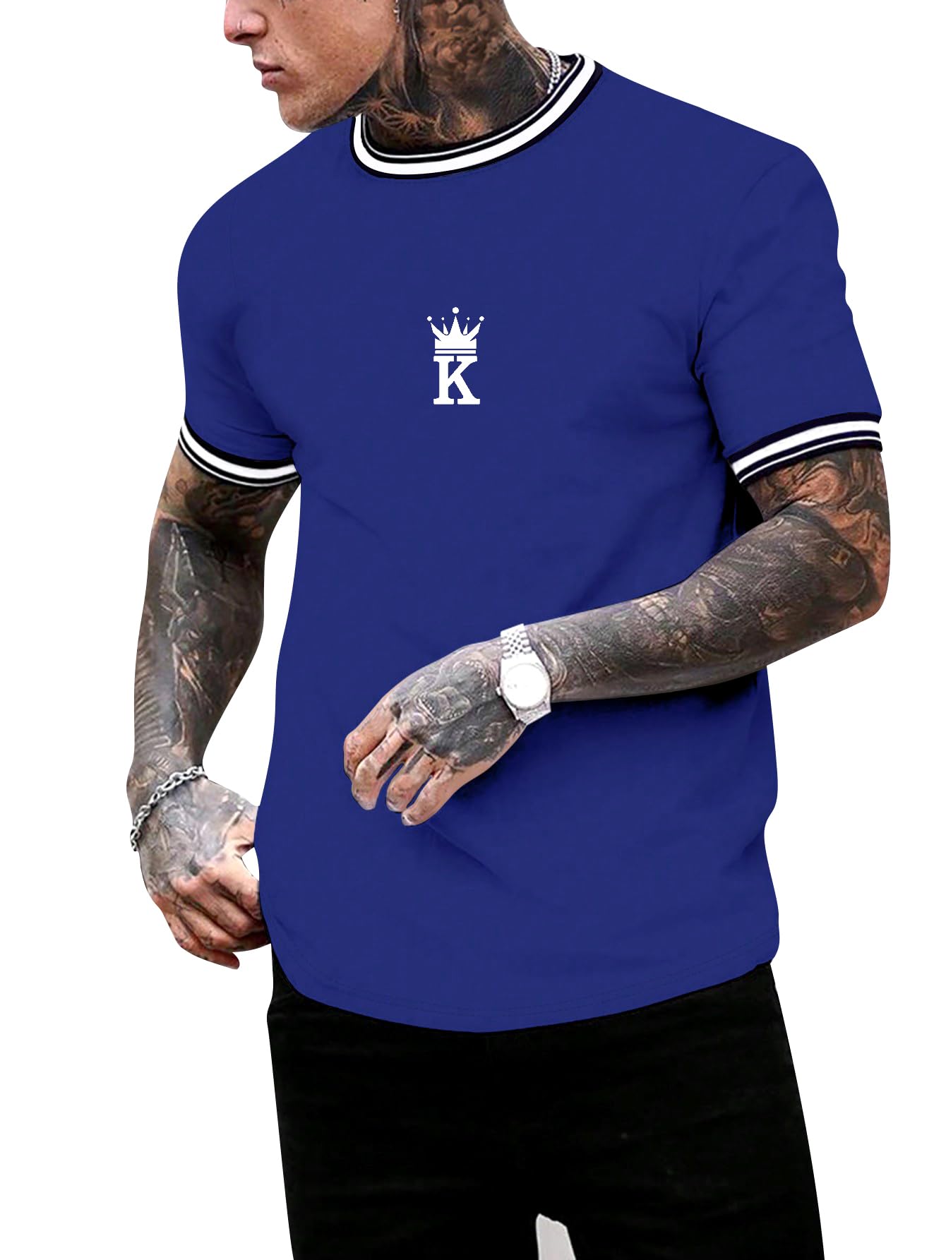 SOLY HUX Men's Crown Letter Print Striped Trim Tee Tops Short Sleeve Crew Neck Summer T Shirt