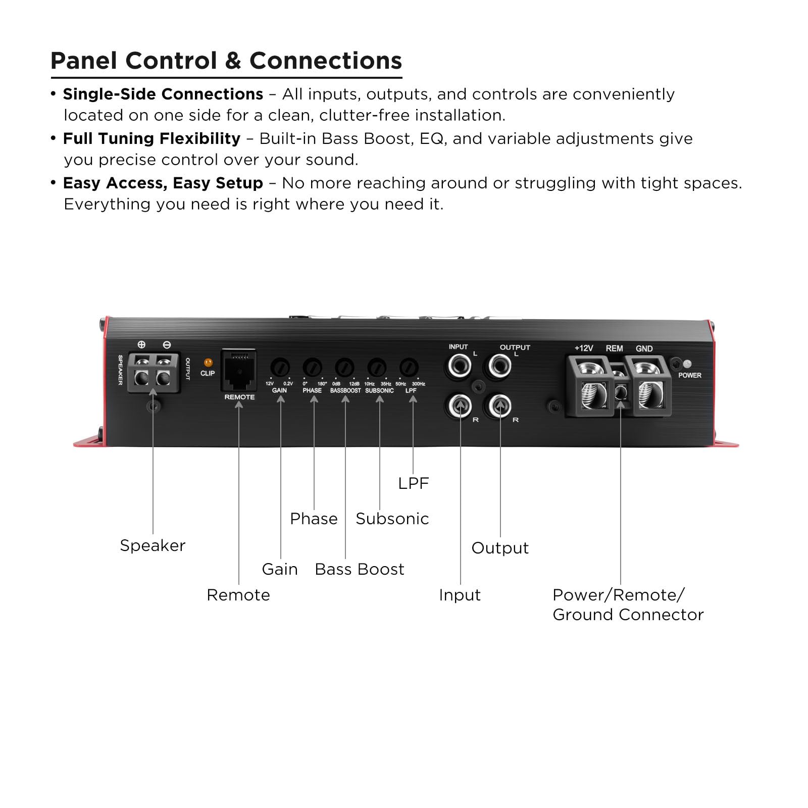 RECOIL RS1000.1 Class D Mono Block Amplifier Car Audio 1000W RMS Power, Stable 1/2/4 Ohm - Subwoofer Amp with Side Controls & Enhanced Cooling Bass Amplifier