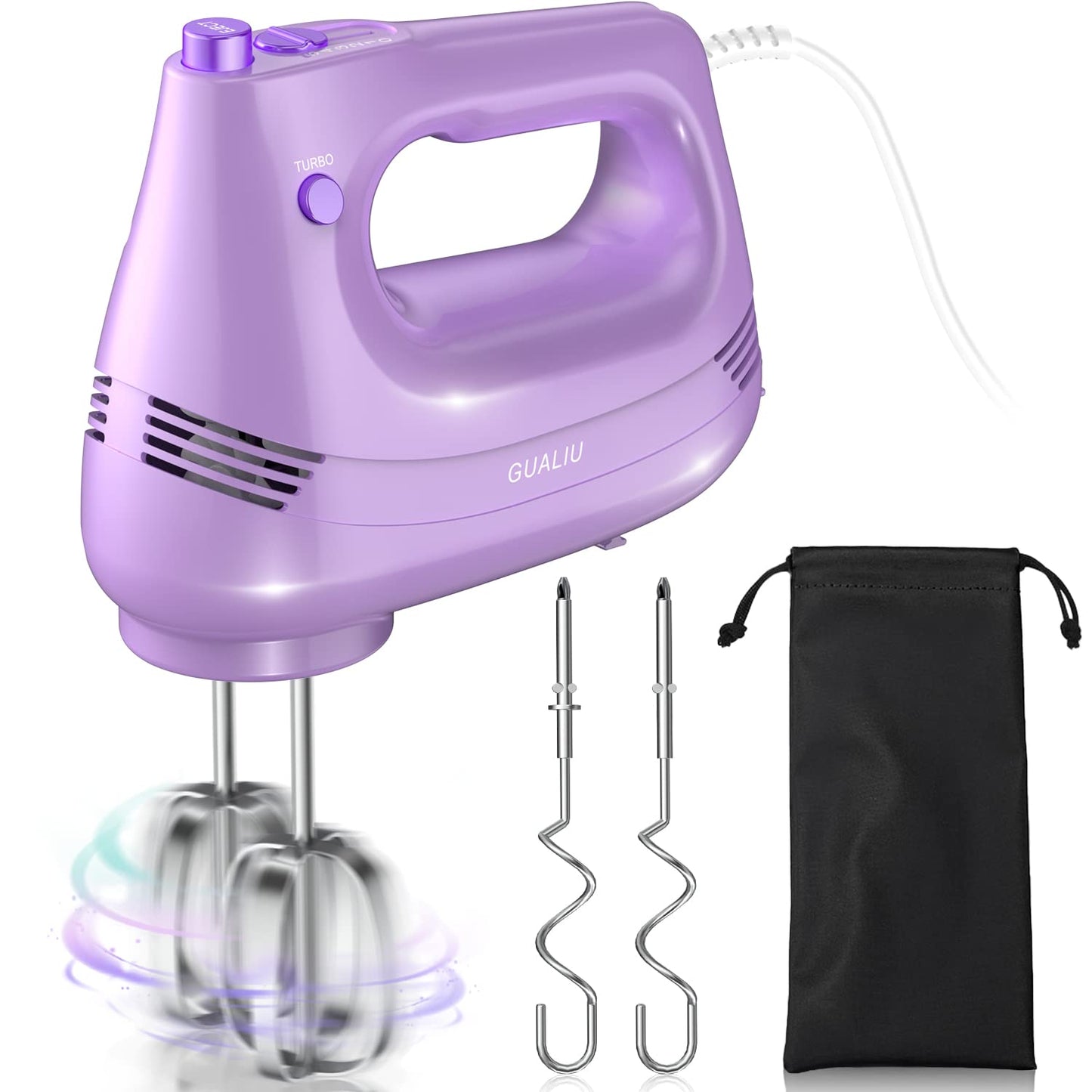 GUALIU Electric Hand Mixer with Stainless Steel Whisk, Dough Hook Attachment and Storage Bag, Handheld Mixer for Baking Cakes, Eggs, Cream Food Mixers. Turbo Boost /5 Speed Kitchen Blender