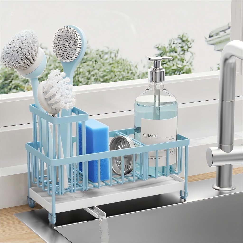 Cisily Sponge Holder for Kitchen Sink, Sink Caddy Organizer with High Brush Holder, Kitchen Countertop Organizers and Storage Essentials, Rustproof 304 Stainless Steel