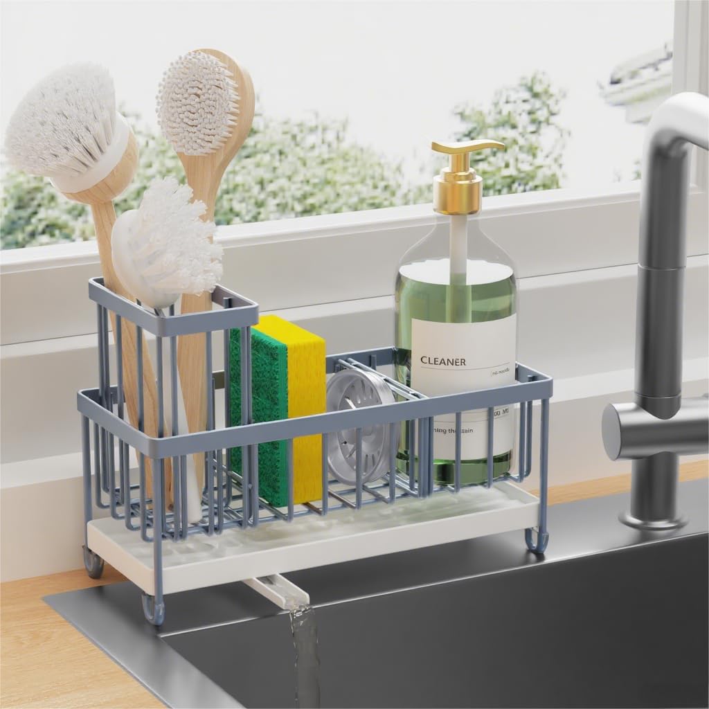 Cisily Sponge Holder for Kitchen Sink, Sink Caddy Organizer with High Brush Holder, Kitchen Countertop Organizers and Storage Essentials, Rustproof 304 Stainless Steel