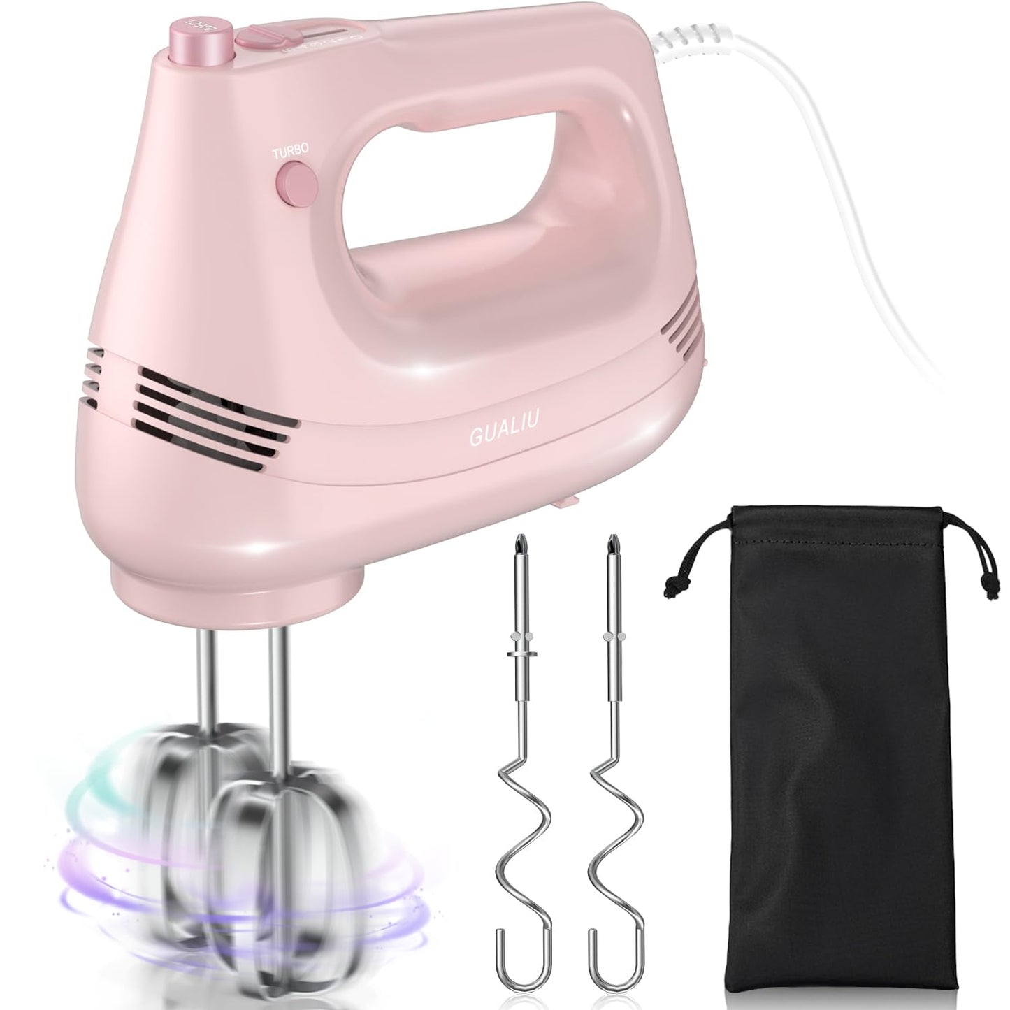 GUALIU Electric Hand Mixer with Stainless Steel Whisk, Dough Hook Attachment and Storage Bag, Handheld Mixer for Baking Cakes, Eggs, Cream Food Mixers. Turbo Boost /5 Speed Kitchen Blender