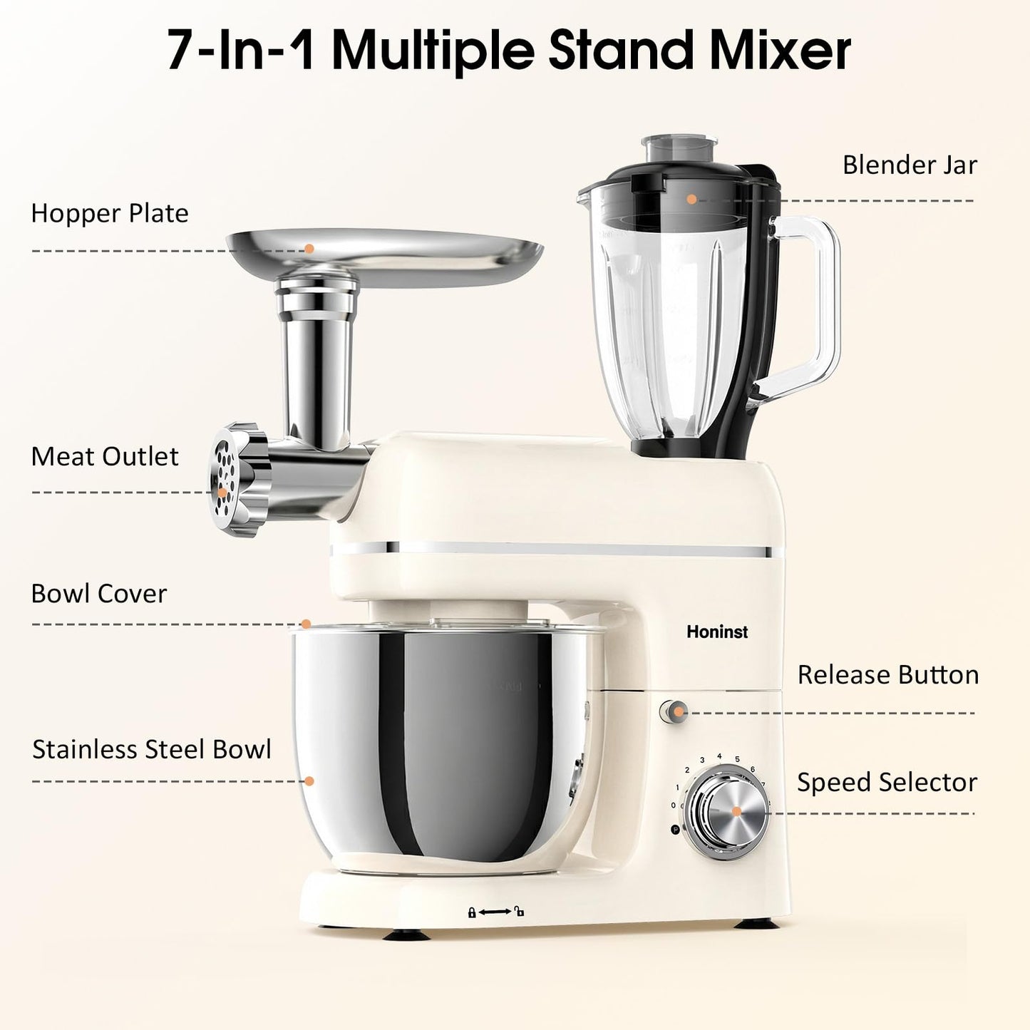 Honinst 7-IN-1 Multifunctional Stand Mixer, 6.5 QT 8-Speed Tilt-Head Kitchen Mixer, Electric Food Mixer with Meat Grinder, Juice Blender, Dough Hook, Beater, Whisk, Bowl for Most Home Cooks