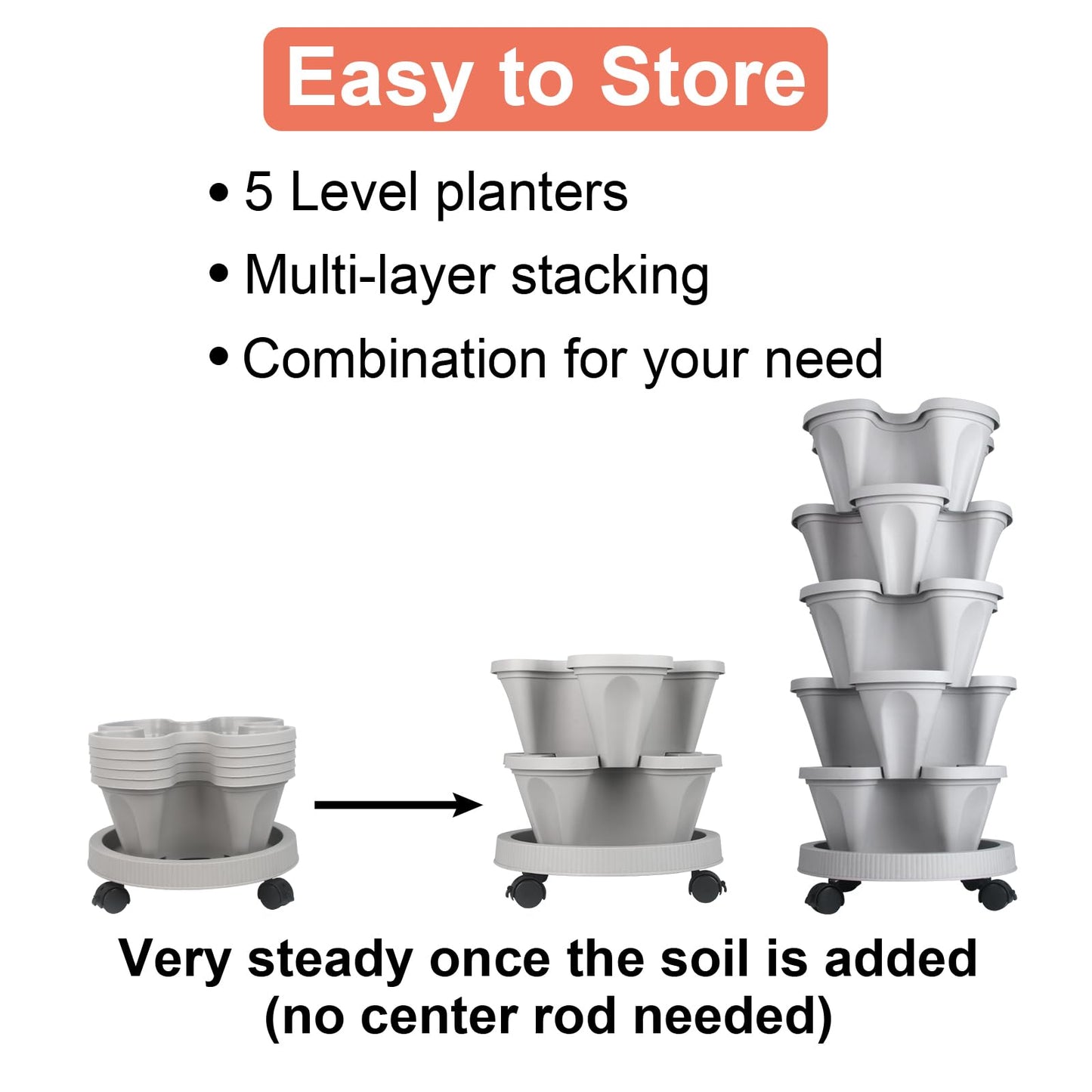 GameXcel Vertical Planter Tower - Multi-Tier Stackable Garden Planters with Wheels and Tools Plant Pots for Strawberry Herb Flower and Vegetable Indoor Outdoor Use Multicolor