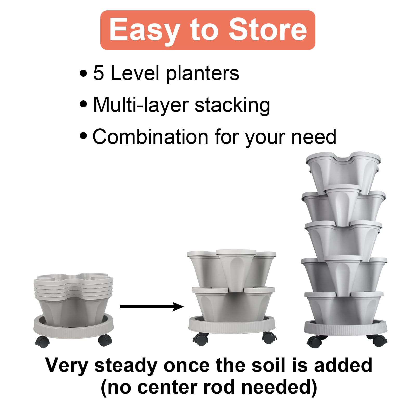 GameXcel Vertical Planter Tower - Multi-Tier Stackable Garden Planters with Wheels and Tools Plant Pots for Strawberry Herb Flower and Vegetable Indoor Outdoor Use Multicolor