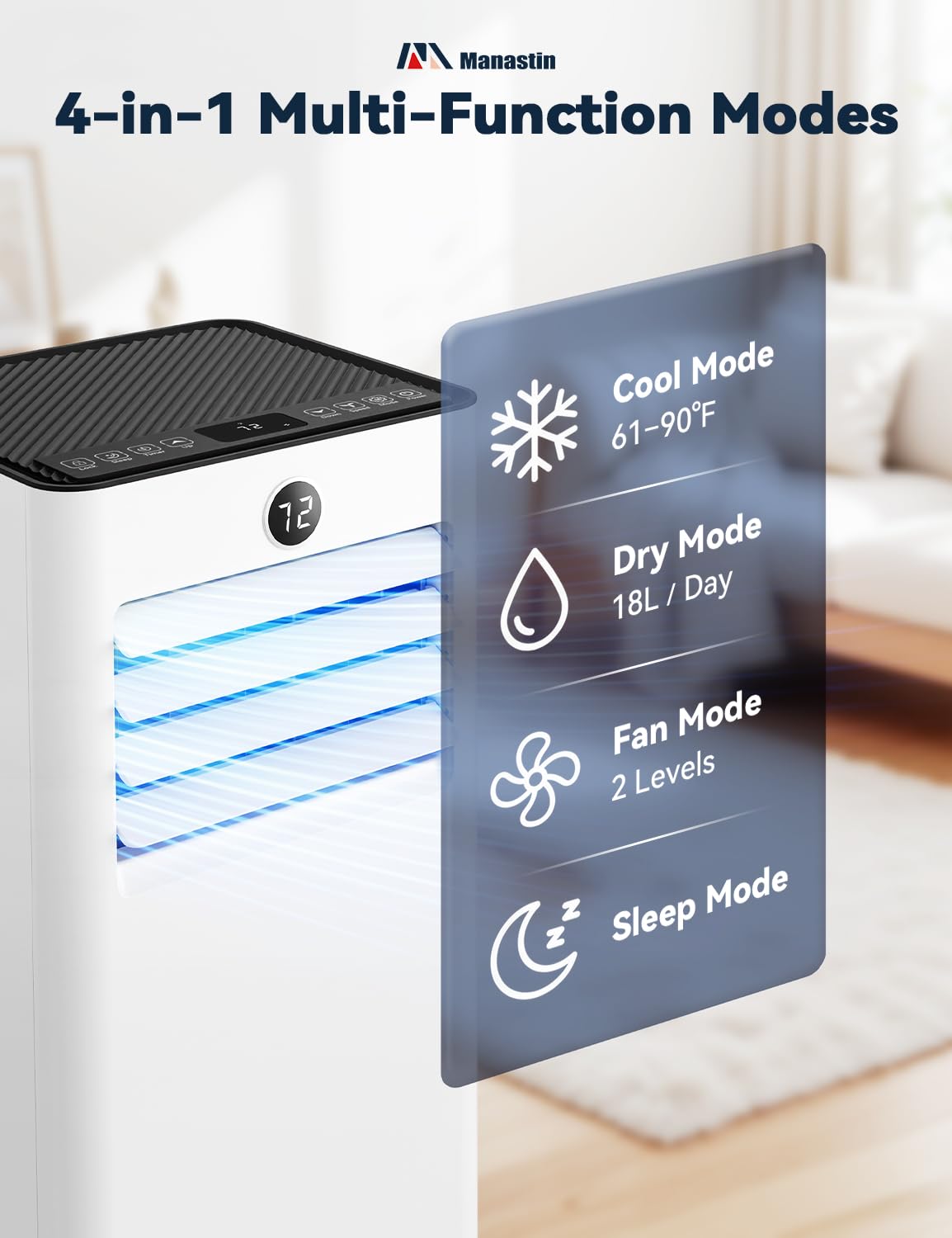 Manastin 8000 BTU Portable Air Conditioner, 4-in-1 AC Unit with Sleep, Cool, Dehumidifier & Fan, Cools up to 350 sq.ft, Remote Control, 24H Timer & Window Mount Kit, Bedroom