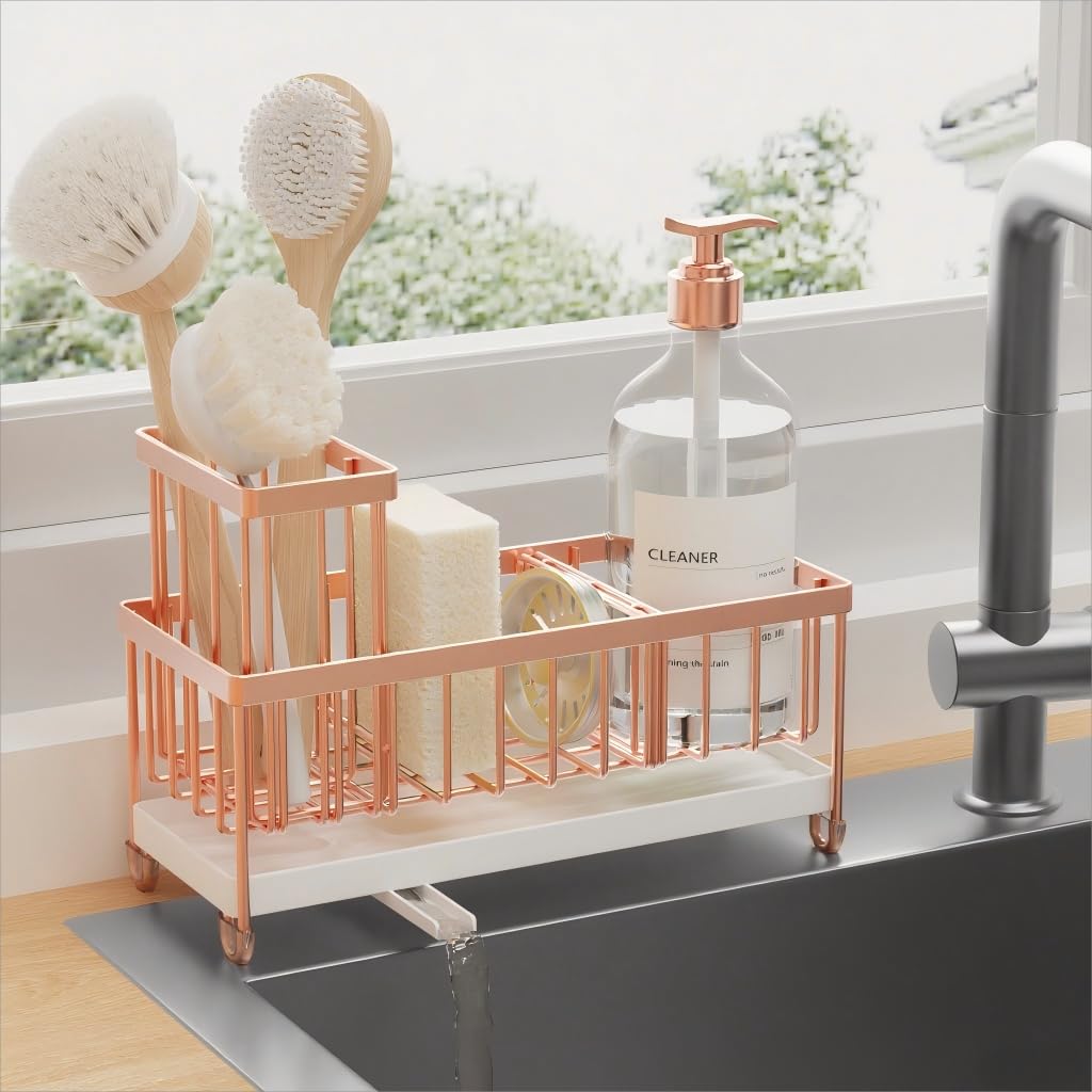Cisily Sponge Holder for Kitchen Sink, Sink Caddy Organizer with High Brush Holder, Kitchen Countertop Organizers and Storage Essentials, Rustproof 304 Stainless Steel