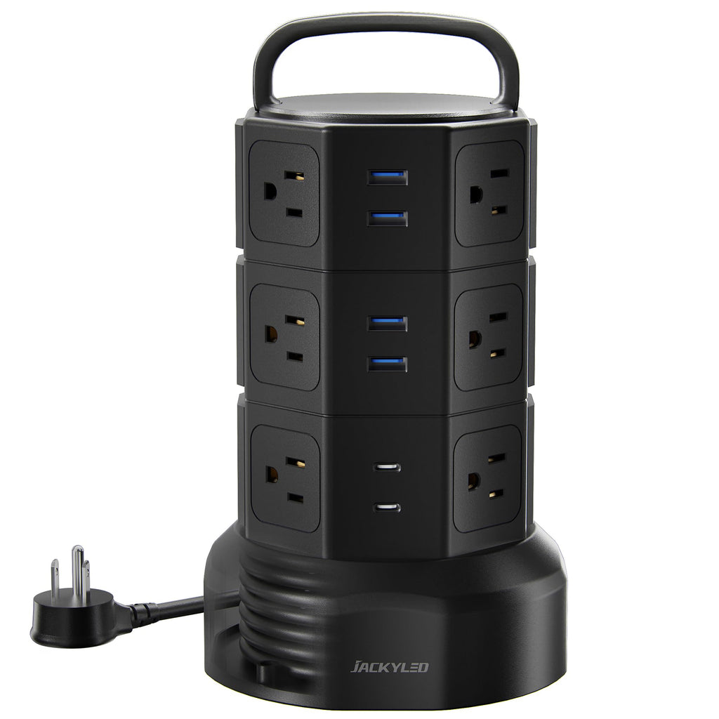 Power Strip Tower Surge Protector, JACKYLED 1625W 13A Outlet Surge Electric Tower, 12 Outlets 6 USB Ports Charging Station with 16AWG 6.5ft Heavy Duty Extension Cord for Home Office Dorm