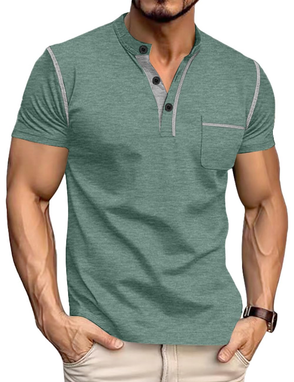 QOSOQ Men's Henley Shirt Short Sleeve T-Shirt Casual Top Pullover Summer Lightweight Tee Shirts with Button