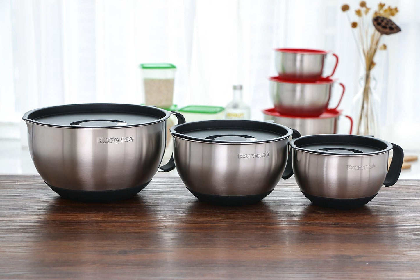 Rorence Stainless Steel Non-Slip Mixing Bowls With Pour Spout, Handle and Lid, Set of 3