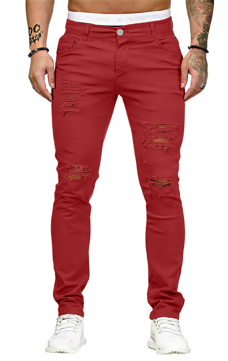 HUNGSON Men's Blue Slim Fit Jeans Stretch Destroyed Ripped Skinny Jeans Side Striped Denim Pants