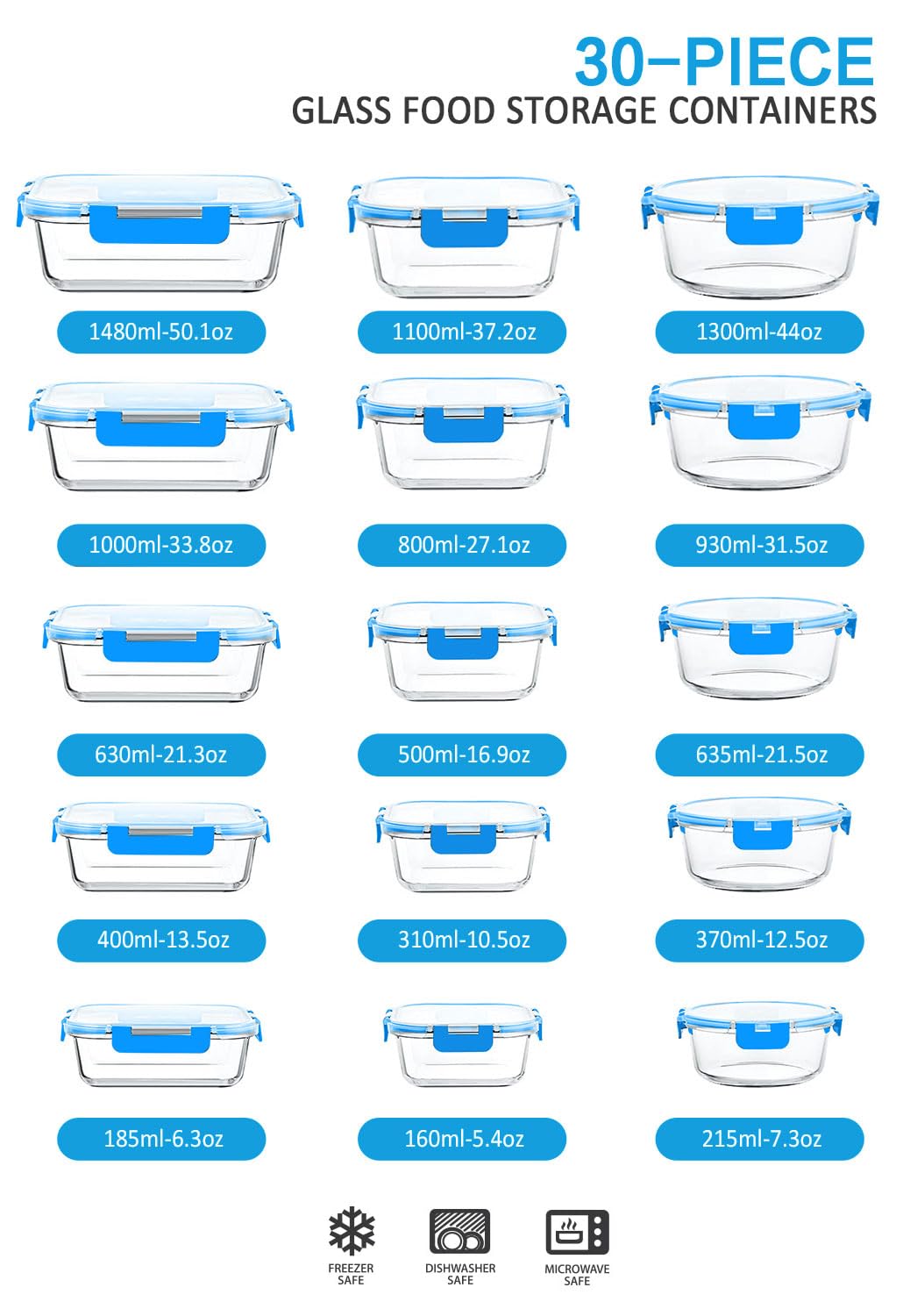 M MCIRCO 30 Pieces Glass Food Storage Containers with Upgraded Snap Locking Lids,Glass Meal Prep Containers Set - Airtight Lunch Containers, Microwave, Oven, Freezer and Dishwasher Friendly