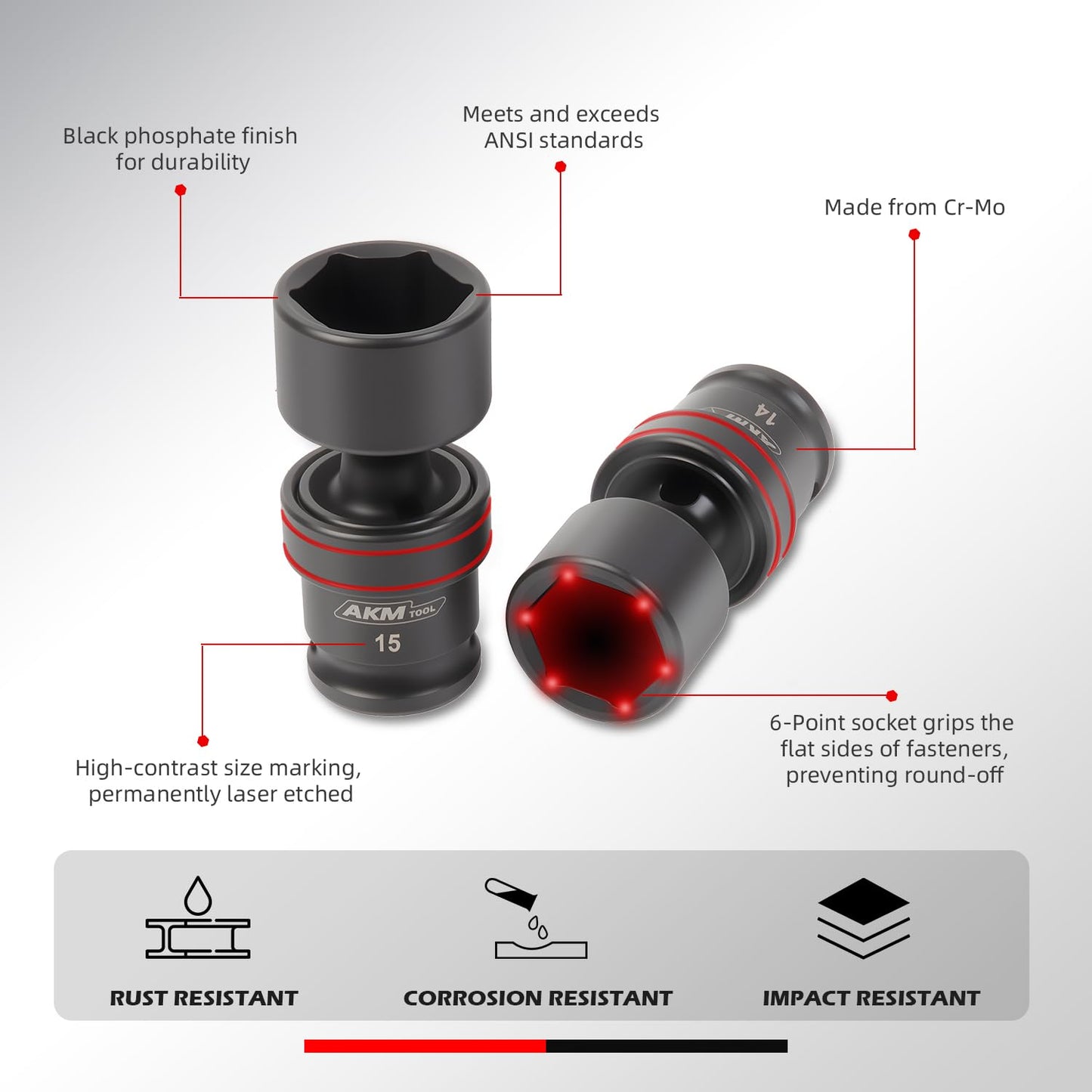 AKM TOOL 3/8" Drive Universal Impact Socket Set, Swivel Socket Set, Universal Joint Socket 6-Point, Metric