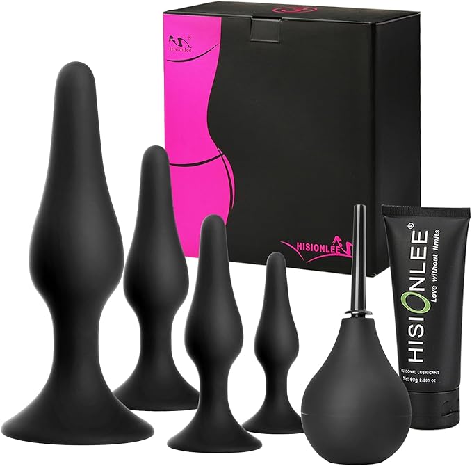 Butt Plug Anal Plug Sex Toys, HISIONLEE 5PCS Sex Anal Toys Silicone Anal Butt Plugs Training Kit with Enema Adult Sex Toys & Games for Women Male and Beginners (Black)