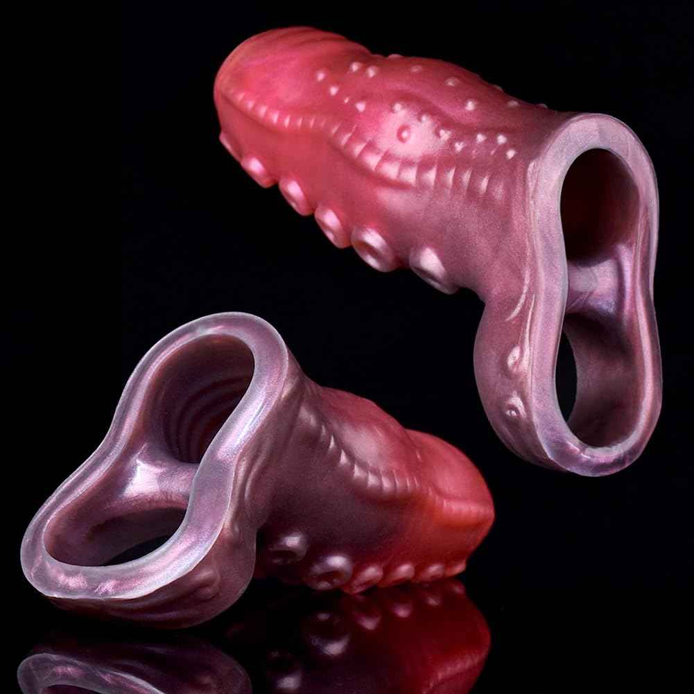 Sex Factory Penis Sleeve Penis Enlargement Sleeve with Particles, Penis Enlarger Sleeve with Cock Ring, Silicone Monster Realistic Penis Extender Male Adult Sex Toy