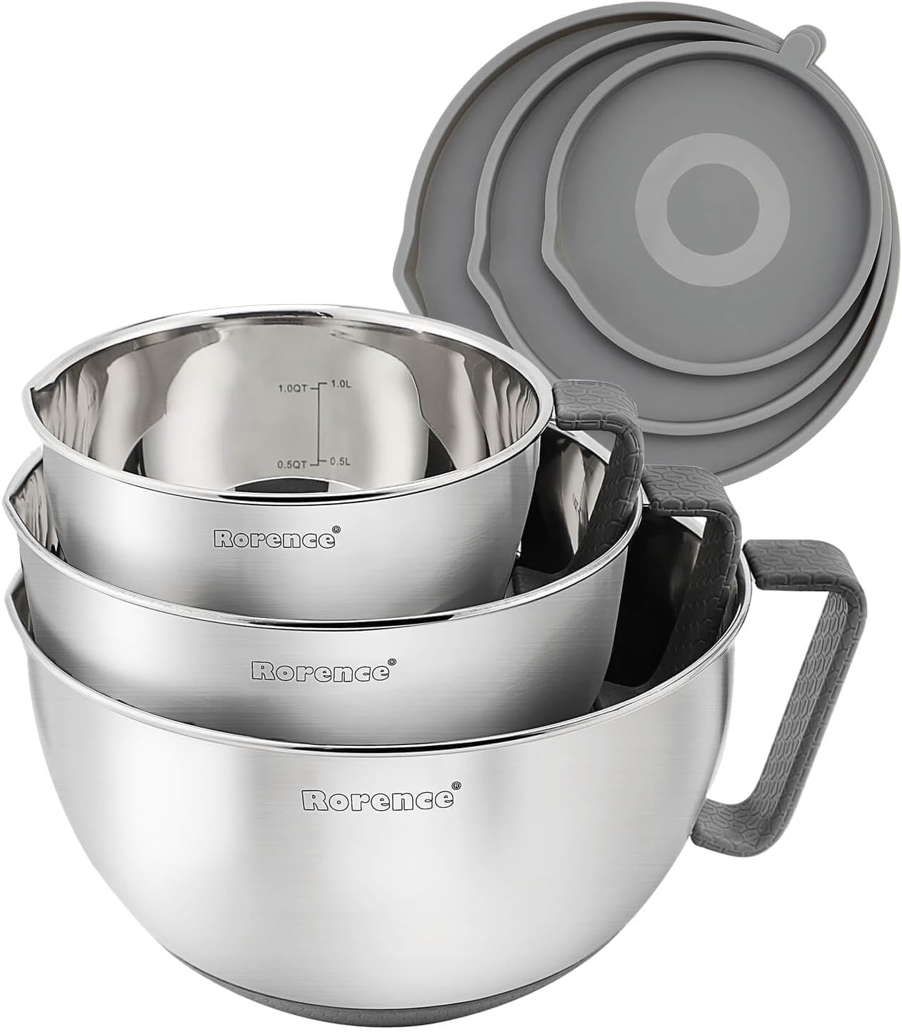 Rorence Stainless Steel Non-Slip Mixing Bowls With Pour Spout, Handle and Lid, Set of 3