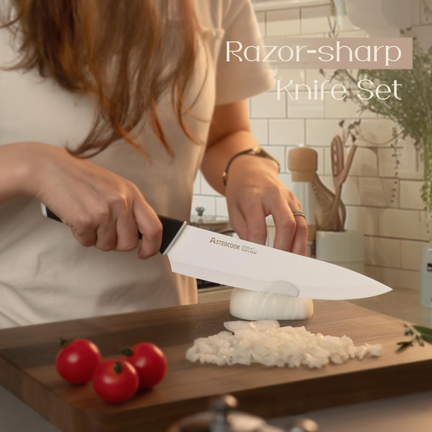 Astercook Knife Set Kitchen with Block and Sharpener 15 Pcs German Stainless Steel Knives Sharp Blade Dishwasher Safe Kitchen Utensils Set Deba Knives with Anti-slip Ergonomic Handle