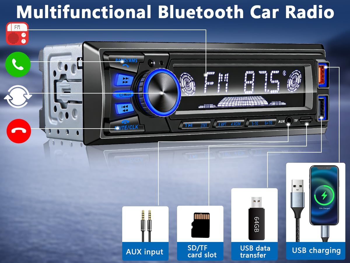 Car Radio Bluetooth Single DIN Car Stereo with Bluetooth,Car Audio with Push to Talk Button for Handsfree Calling,FM/ MP3/EQ/SD/AUX,Dual USB,iOS & Android App Control,7 LED Colors | No CD Player