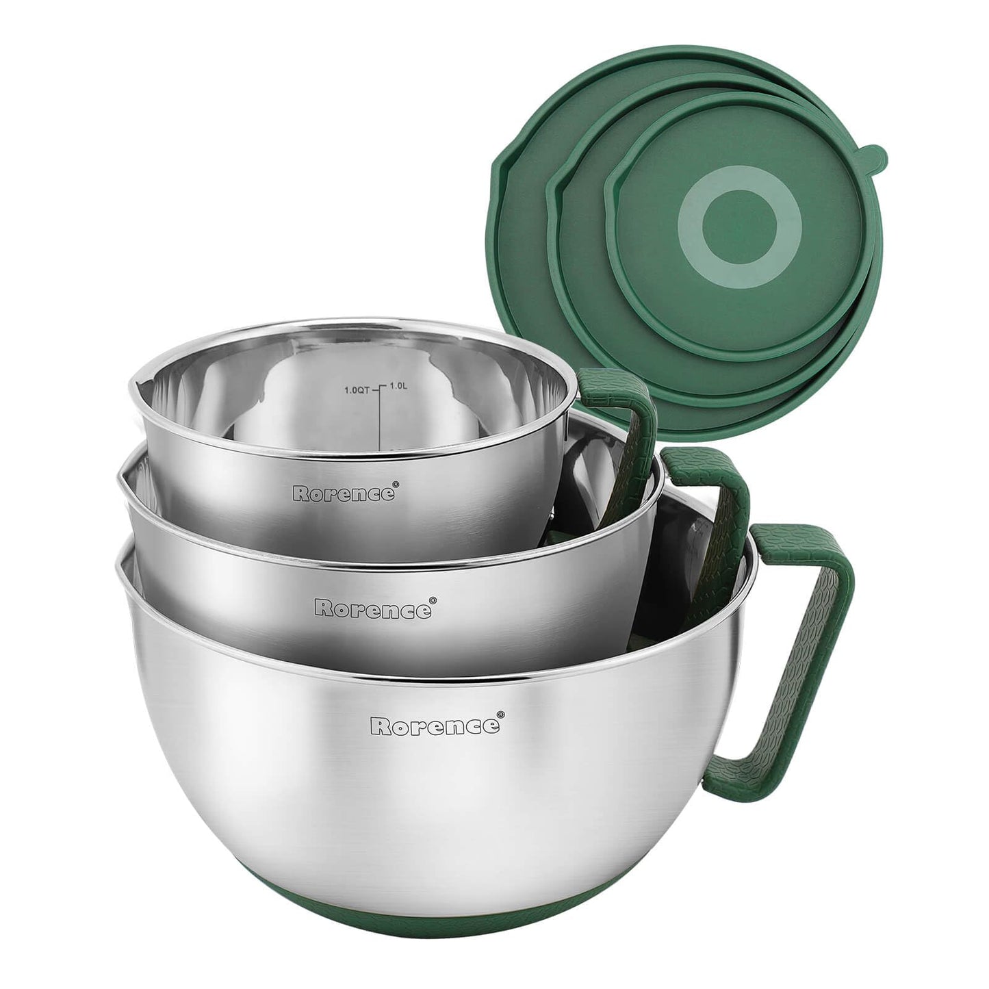Rorence Stainless Steel Non-Slip Mixing Bowls With Pour Spout, Handle and Lid, Set of 3