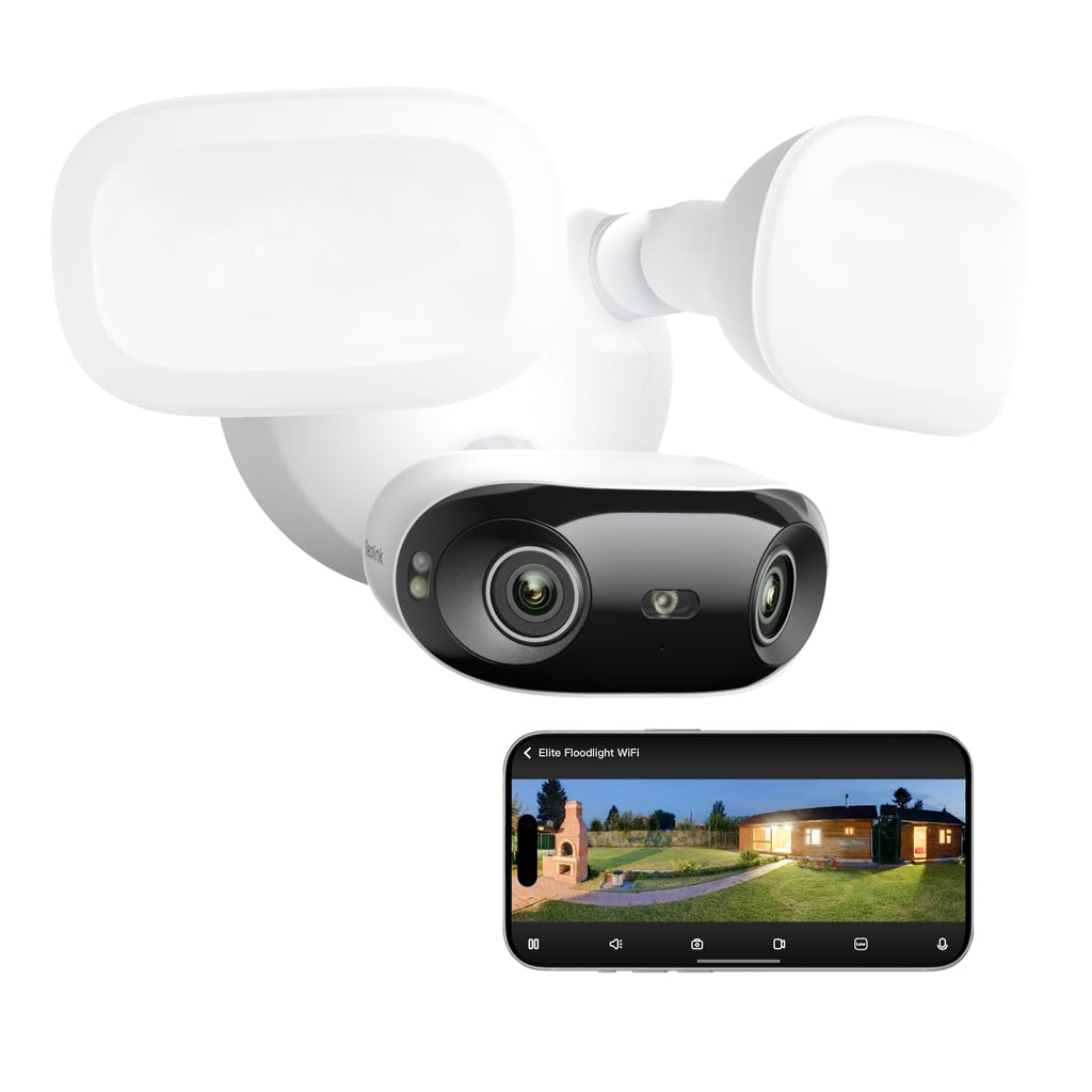 REOLINK Elite Floodlight WiFi, 4K 8MP 180° Panoramic Wired Floodlight Camera, Adjustable 3000 Lumens, Local AI Video Search, Dual-Band Wi-Fi 6, 24/7 Recording, No Monthly Fees,