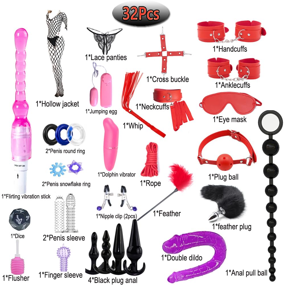 Sex Whip BDSM Adult Couples Games Anal Plug Dildo Bondage for Sex 32 Pcs BDSM Leather Bondage Sets Restraint Kits for Women and Men Adult Sex Toys