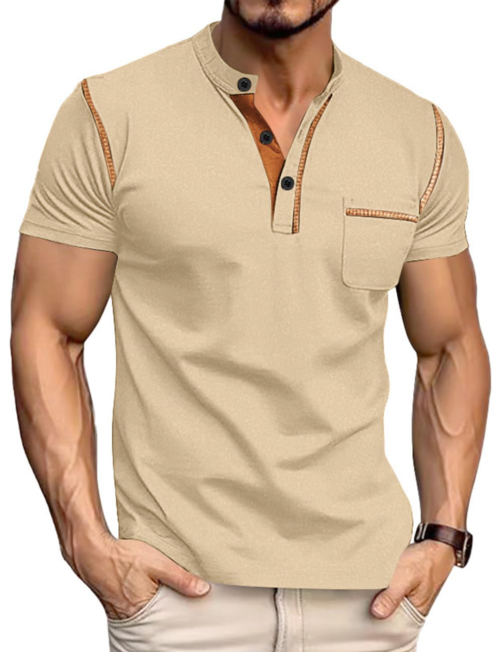 QOSOQ Men's Henley Shirt Short Sleeve T-Shirt Casual Top Pullover Summer Lightweight Tee Shirts with Button