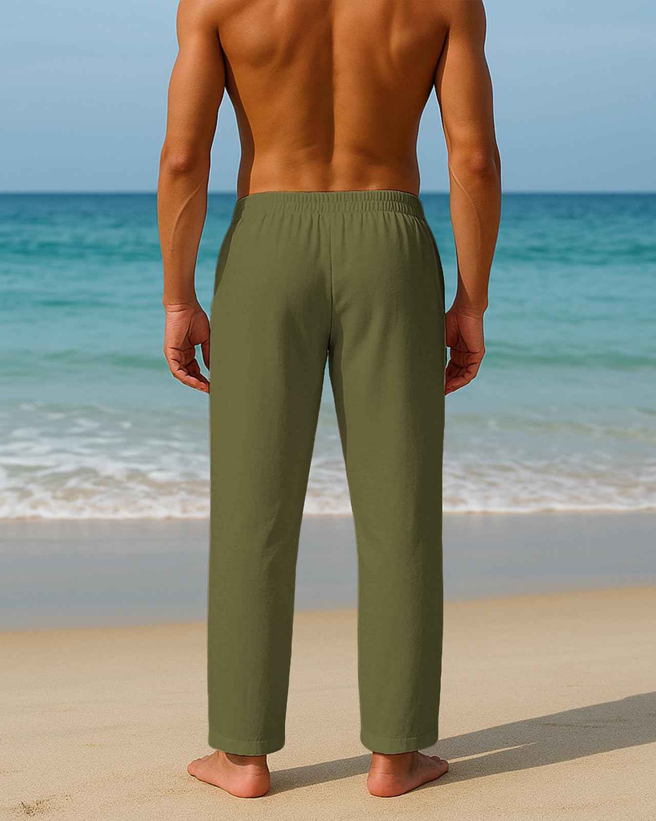 PIDOGYM Mens Cotton Linen Pants, Summer Beach Pants Casual Loose Fit with Elastic Waist Drawstring