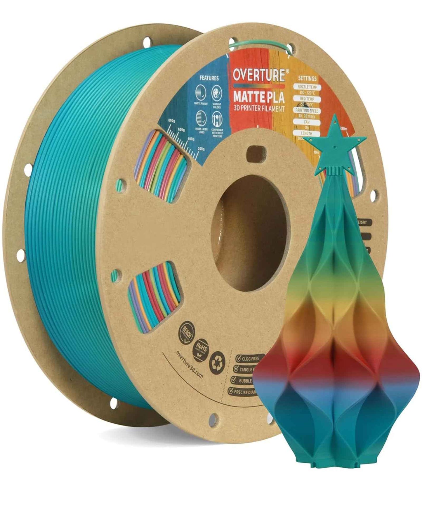 OVERTURE Matte PLA 3D Printer Filament 1.75mm, Matt Surface & Low Warping Filament 1kg Spool (2.2 lbs), Accuracy +/- 0.02 mm, Fit Most FDM Printers