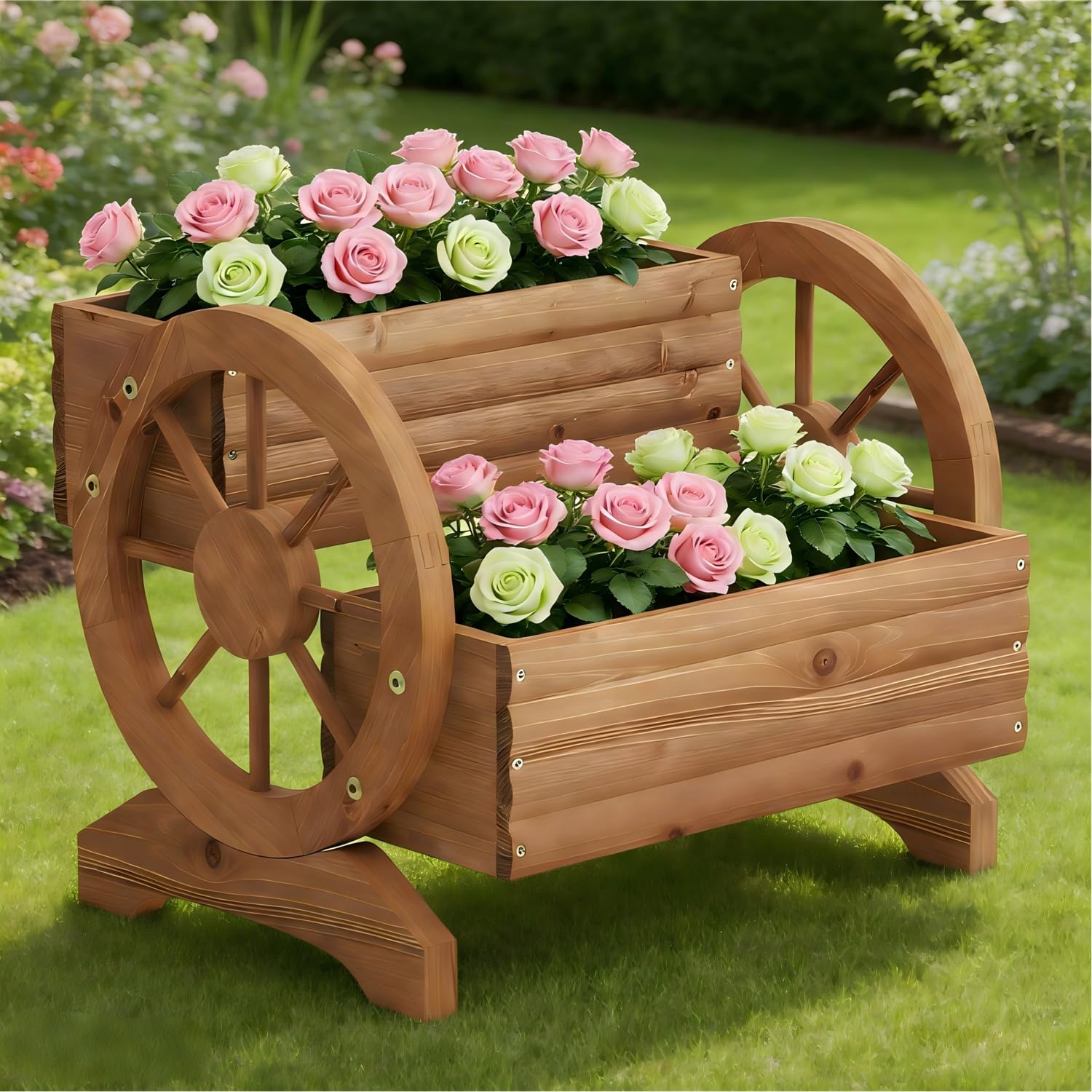 Wooden Wagon Planter Outdoor Flower Cart with Wheels Garden Planter, Decor Planter for Patio Balcony Decoration Succulent Flower Pot for Indoor Backyard Balcon Yard Decor planters