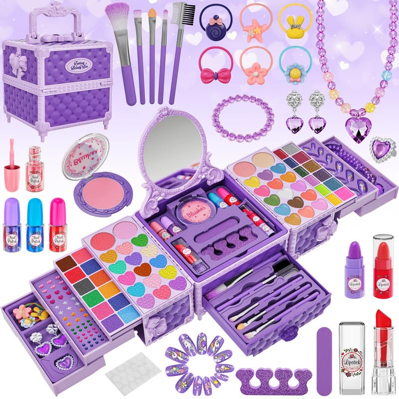 99 Pcs Kids Makeup Kit for Girls, Princess Toys Real Washable Cosmetics Set with Mirror