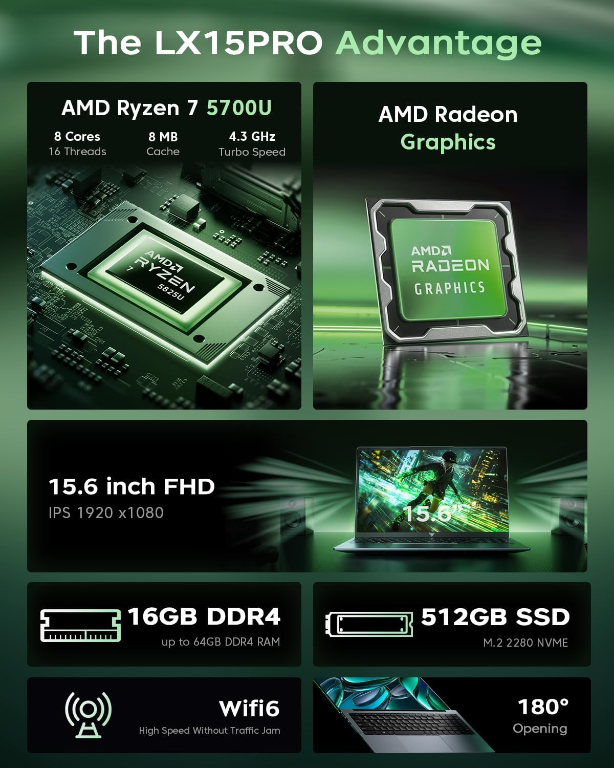 KAIGERR LX15PRO 15.6in Laptop AMD Ryzen 7 5700U 16GB RAM