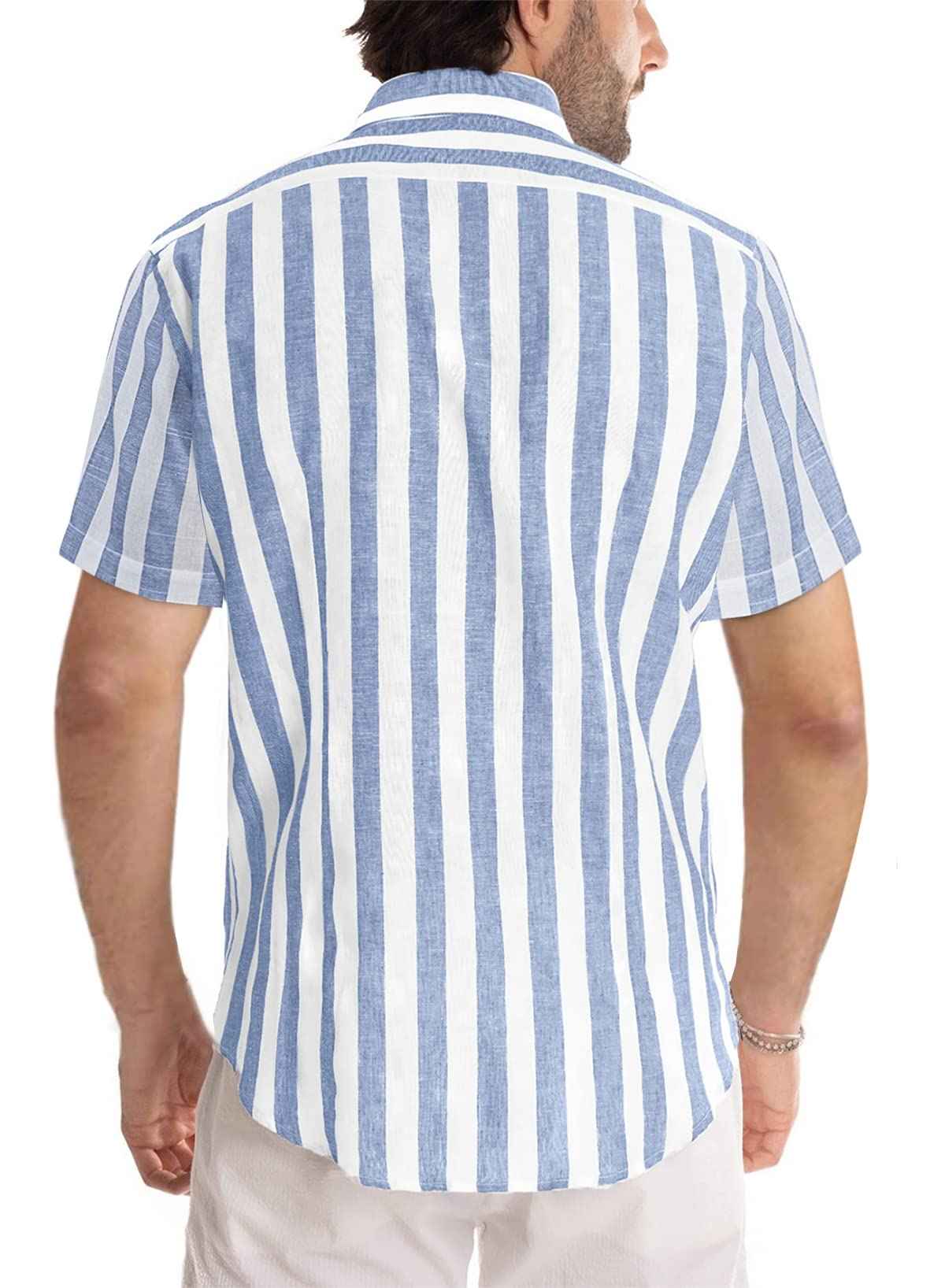 JMIERR Men's Casual Stylish Short Sleeve Button-Up Striped Dress Shirt Cotton Beach Shirts