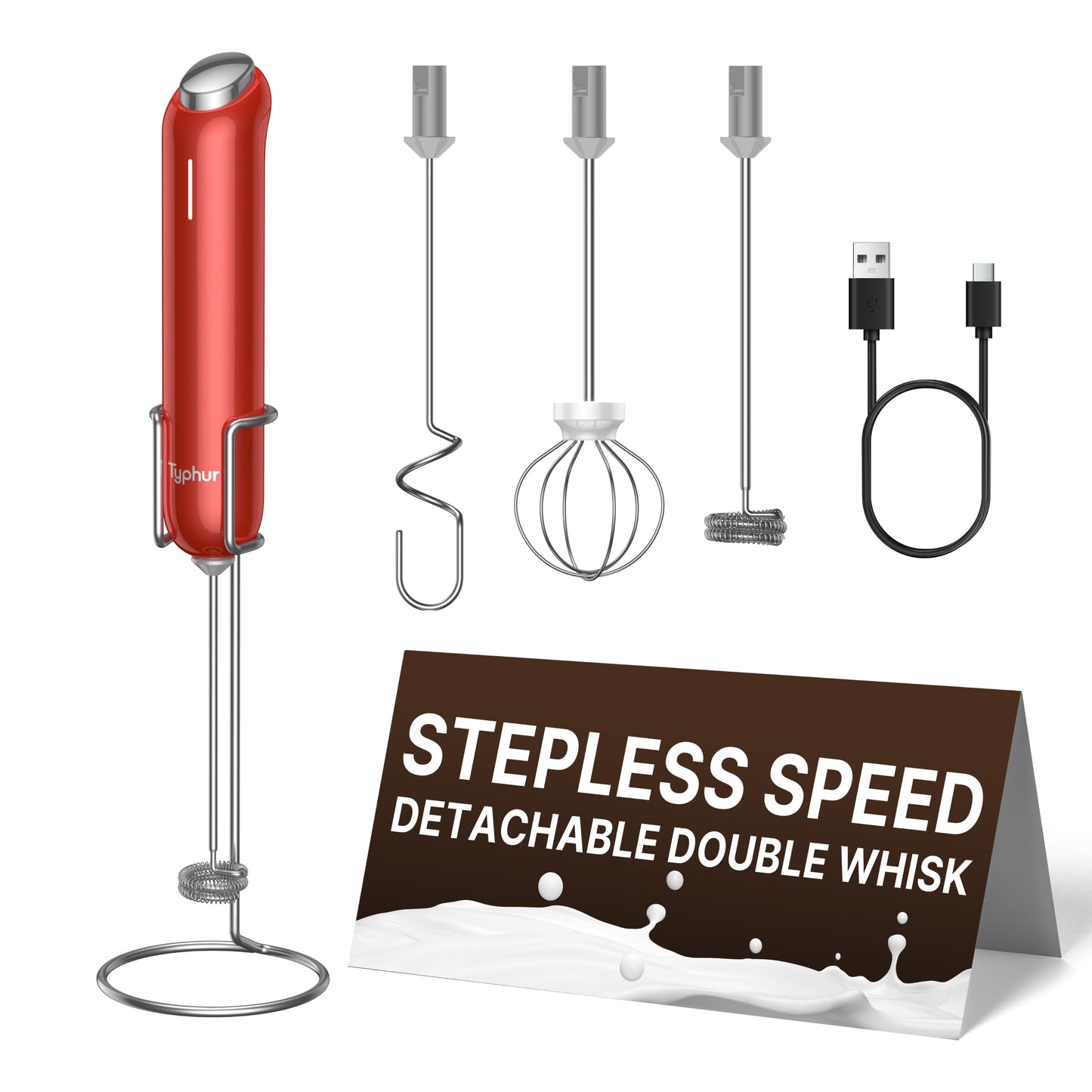 InstaWhisk Milk Frother with Variable Speed, Rechargeable Coffee Frother Wand with Detachable Double Whisk, Handheld Electric Stirrer for Latte, Cappuccino, Almond Milk, Protein
