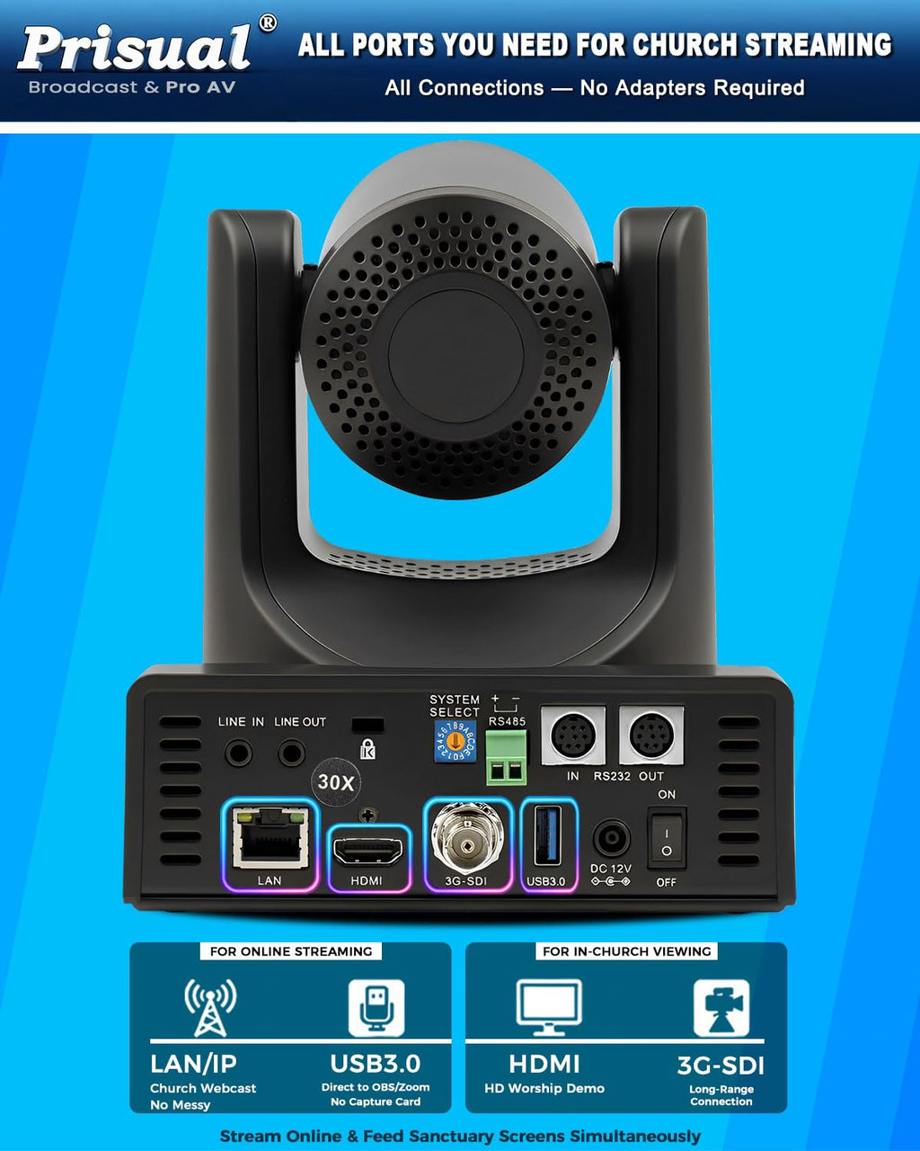 Prisual PTZ Camera 30X Optical Zoom NDI HX3 HDMI USB3.0 LAN PoE AI Tracking Church Camera