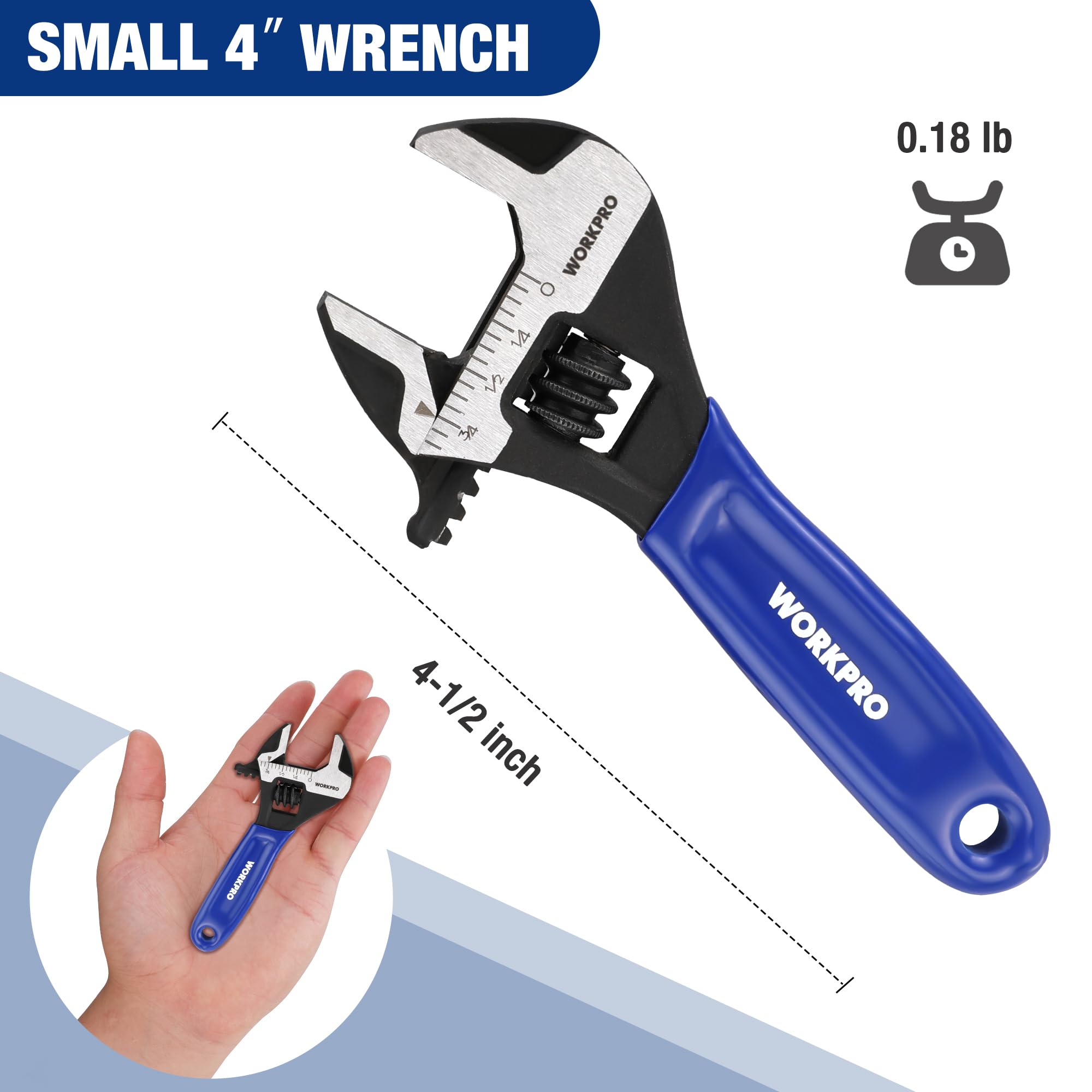 WORKPRO Adjustable Wrench, Cr-V Steel Wide Jaw Black Oxide Wrench