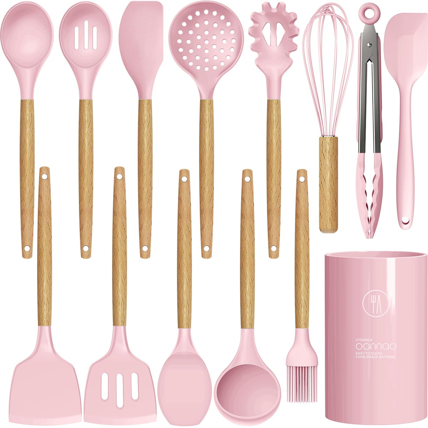 14 Pcs Silicone Cooking Utensils Kitchen Utensil Set - 446°F Heat Resistant,Turner Tongs, Spatula, Spoon, Brush, Whisk, Wooden Handle Gray Kitchen Gadgets with Holder for Nonstick Cookware (BPA Free)