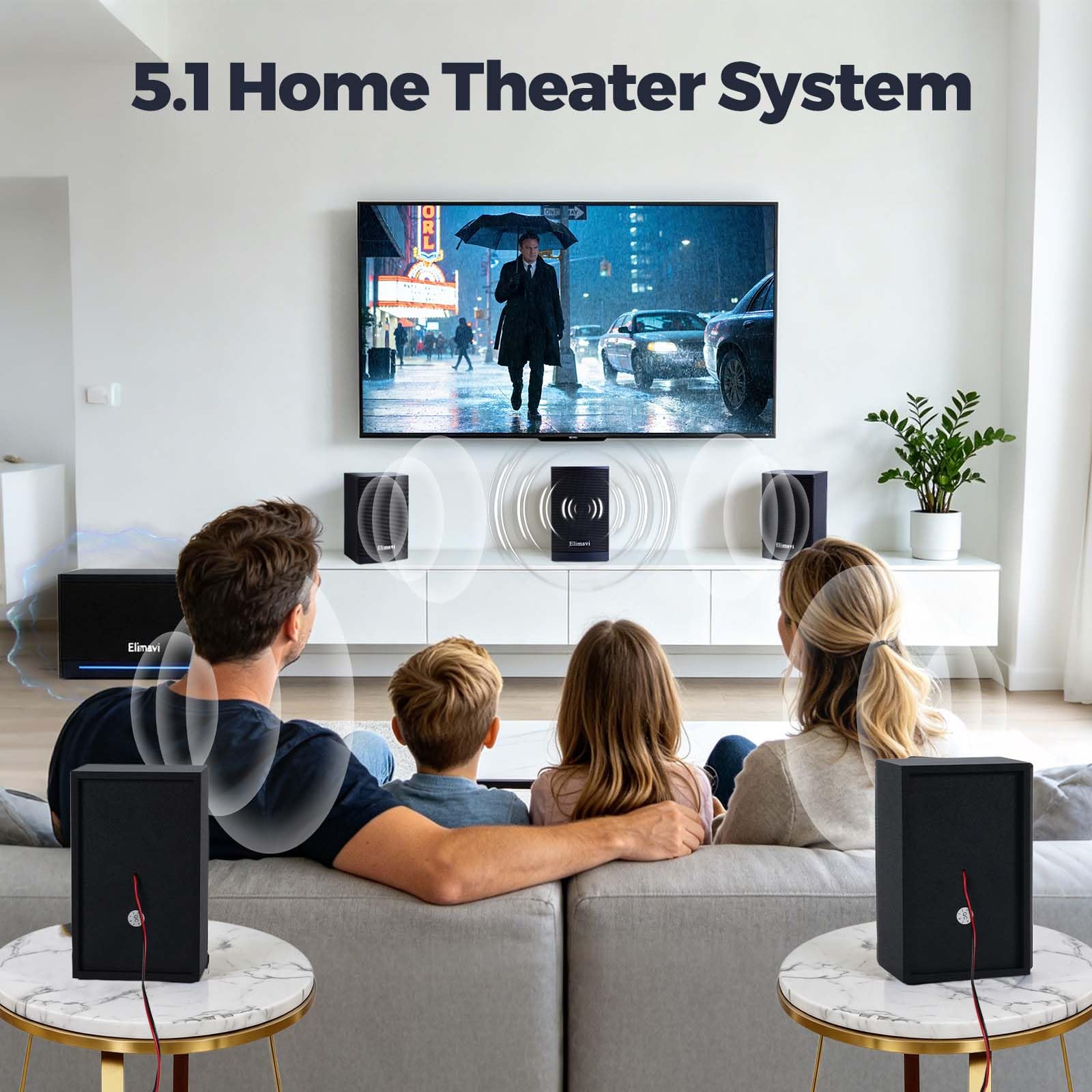 Elimavi 5.1 Surround Sound Systems Home Theater System, Wired Surround Sound Speaker System with 6.5" Subwoofer, Bluetooth 5.3 Audio System for TV Living Room, RCA Coaxial Optical Input, Metal Mesh